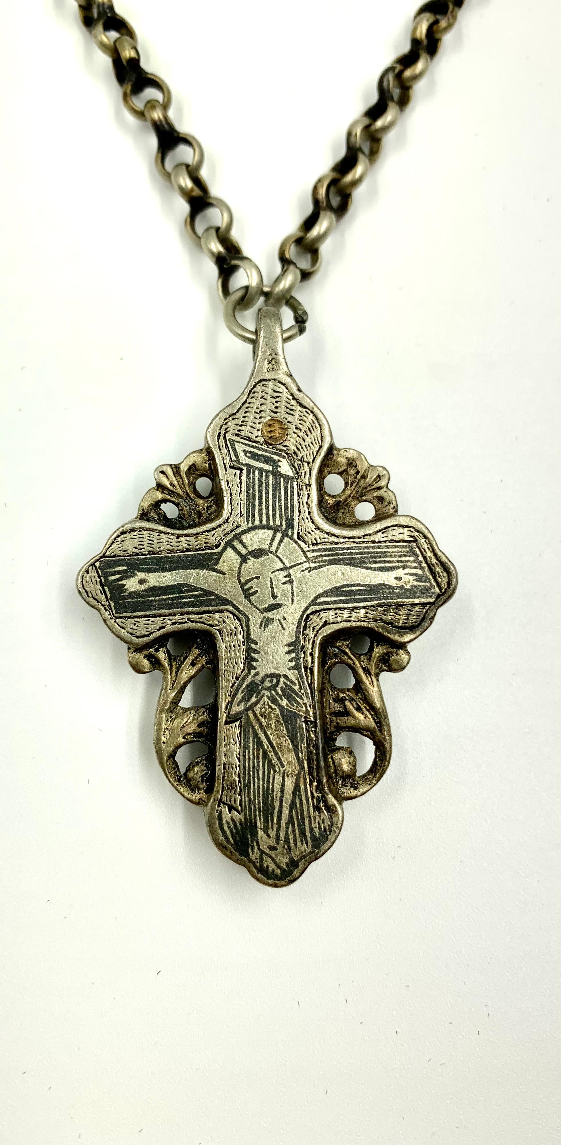 Antique 19th Century Russian Double Sided Silver and Niello Reliquary Cross For Sale 2