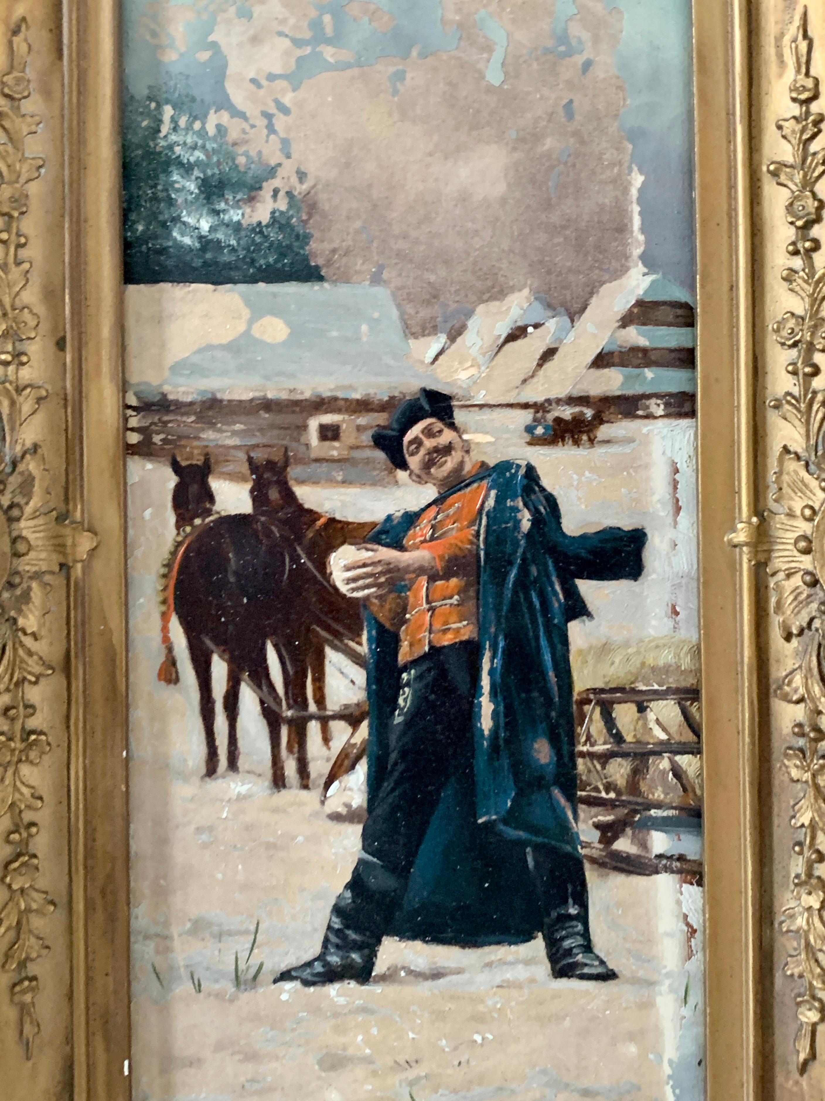 A gorgeous and charming pair of Victorian framed oil paintings of a snowball fight with a village in the background.

Russia, late 19th century

Oil on board, gilt frame

Measures: 6.63