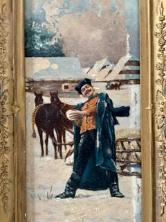 Antikes russisches gerahmtes Ölgemälde auf Karton mit einem Schneeballkampf aus dem 19. Jahrhundert