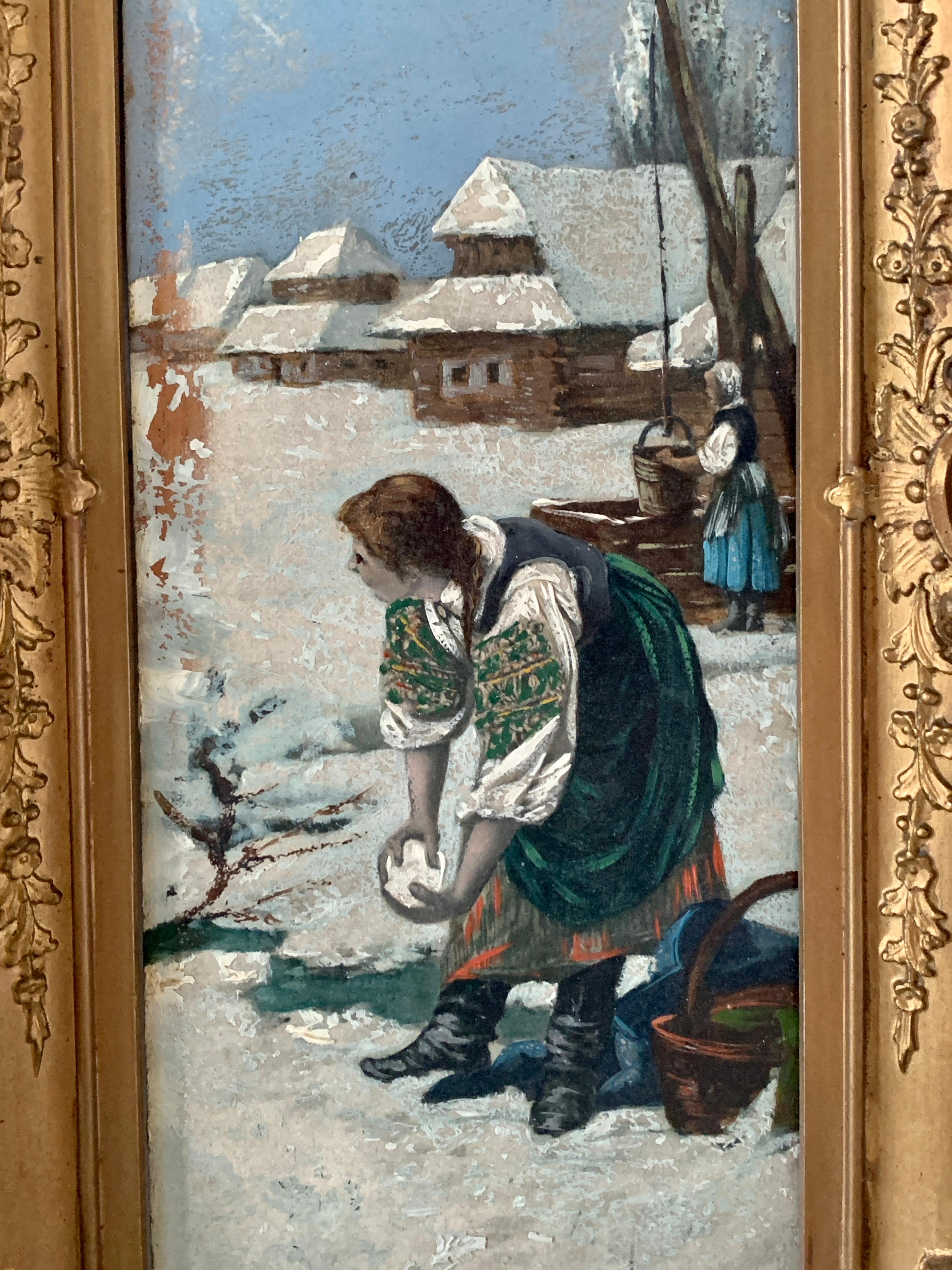 Victorian Antique 19th Century Russian Framed Oil on Board Paintings of a Snowball Fight For Sale