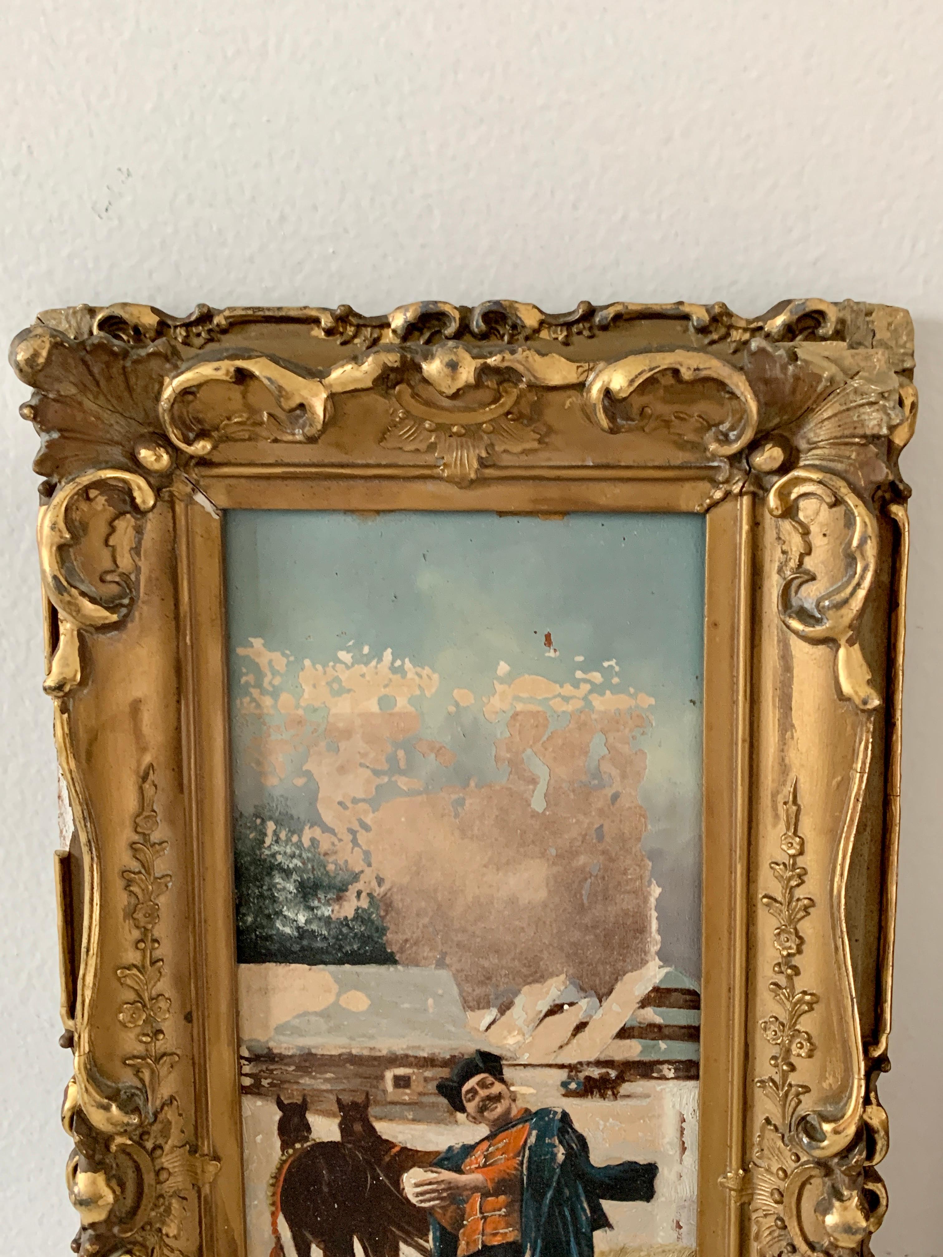 Antique 19th Century Russian Framed Oil on Board Paintings of a Snowball Fight In Good Condition For Sale In Elkhart, IN