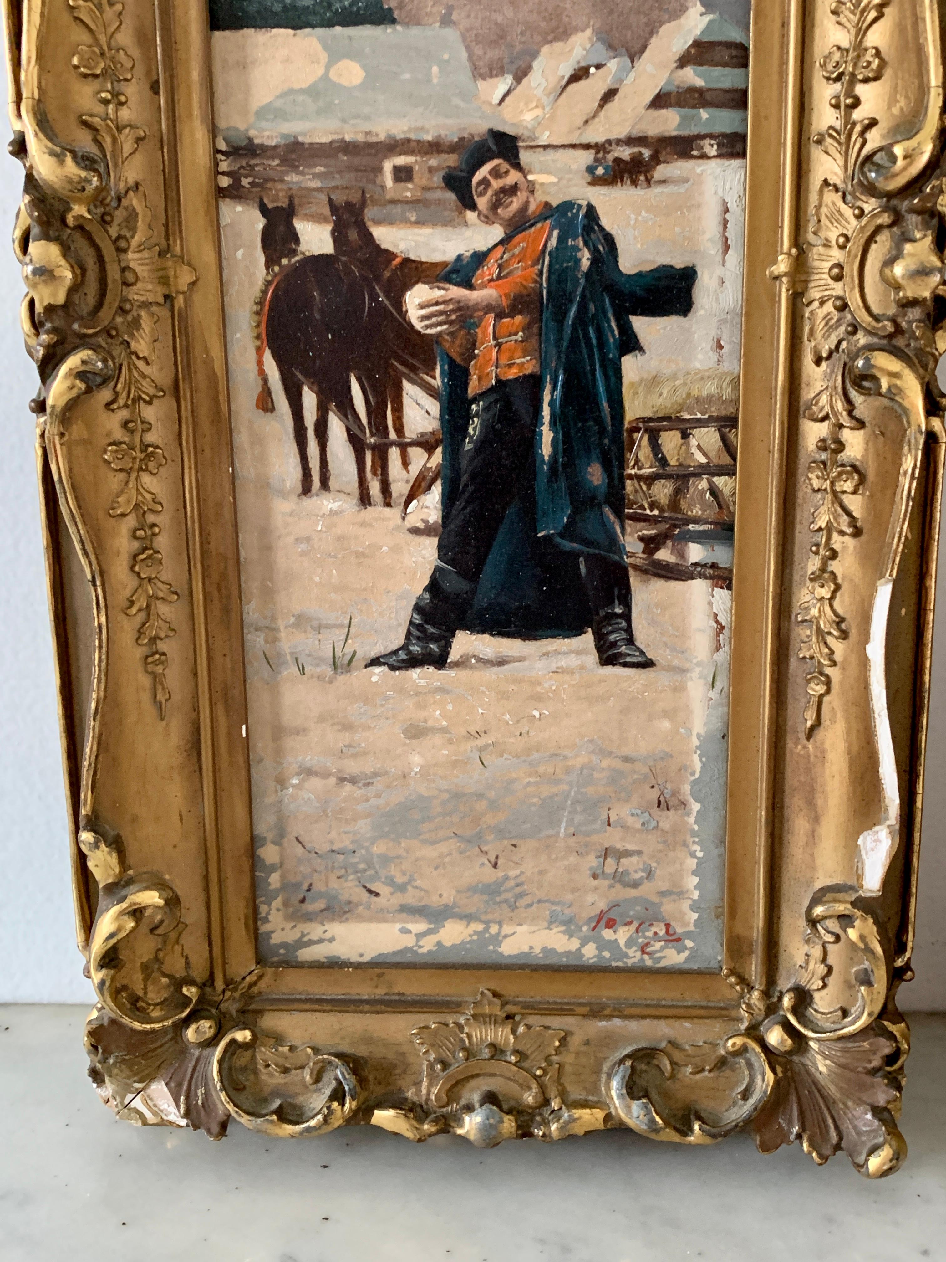 Giltwood Antique 19th Century Russian Framed Oil on Board Paintings of a Snowball Fight For Sale