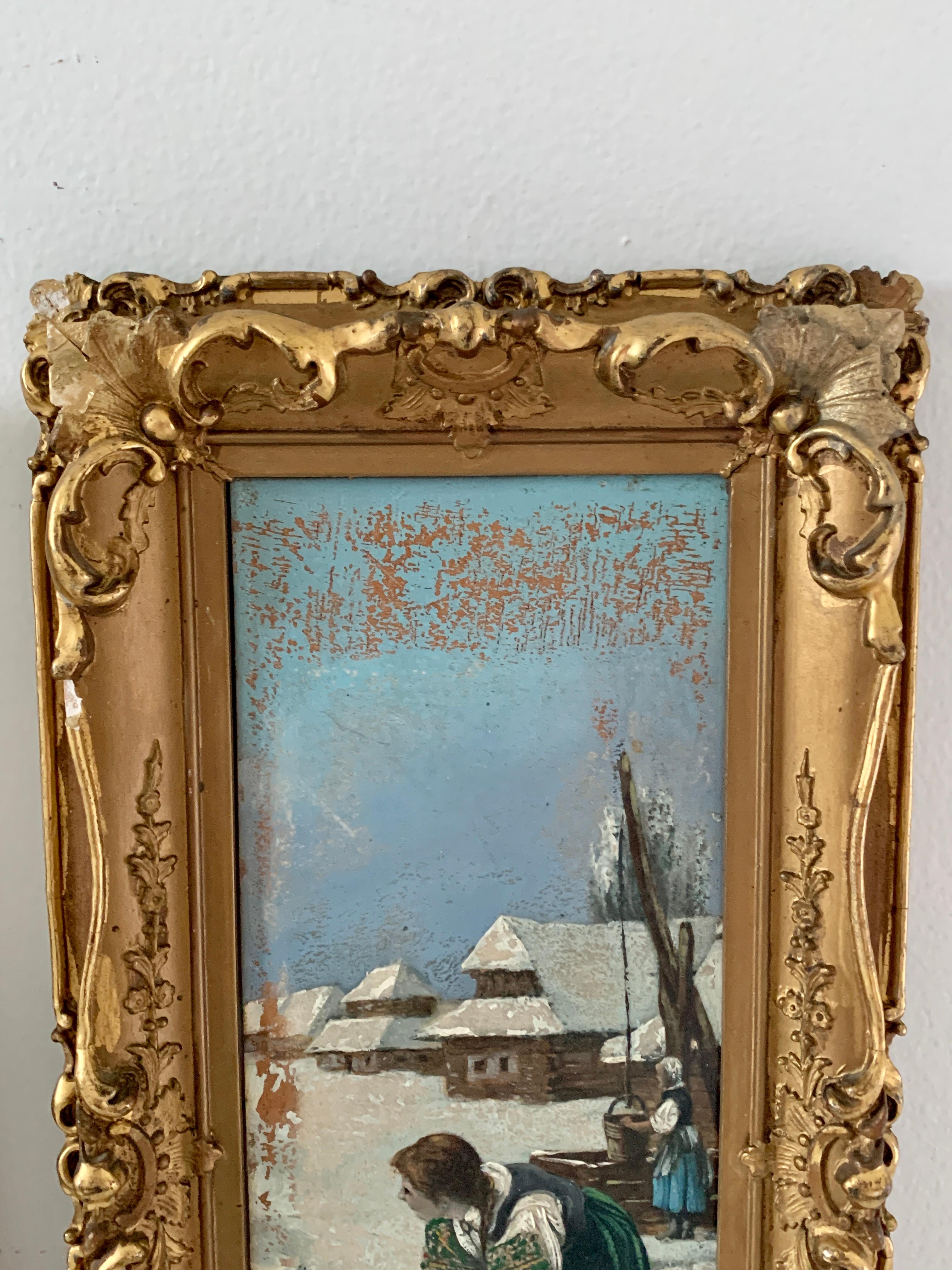 Antique 19th Century Russian Framed Oil on Board Paintings of a Snowball Fight For Sale 1