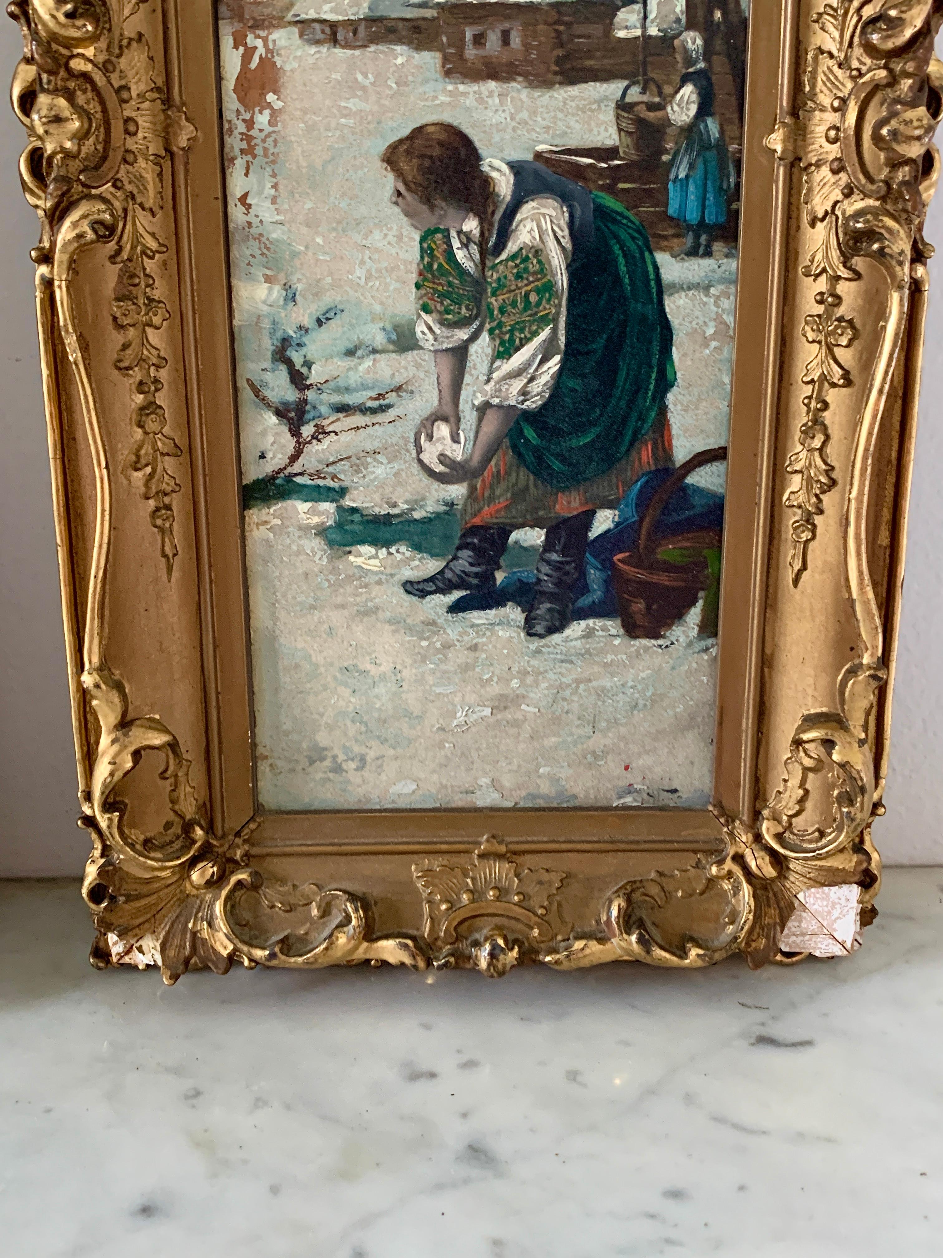 Antique 19th Century Russian Framed Oil on Board Paintings of a Snowball Fight For Sale 2