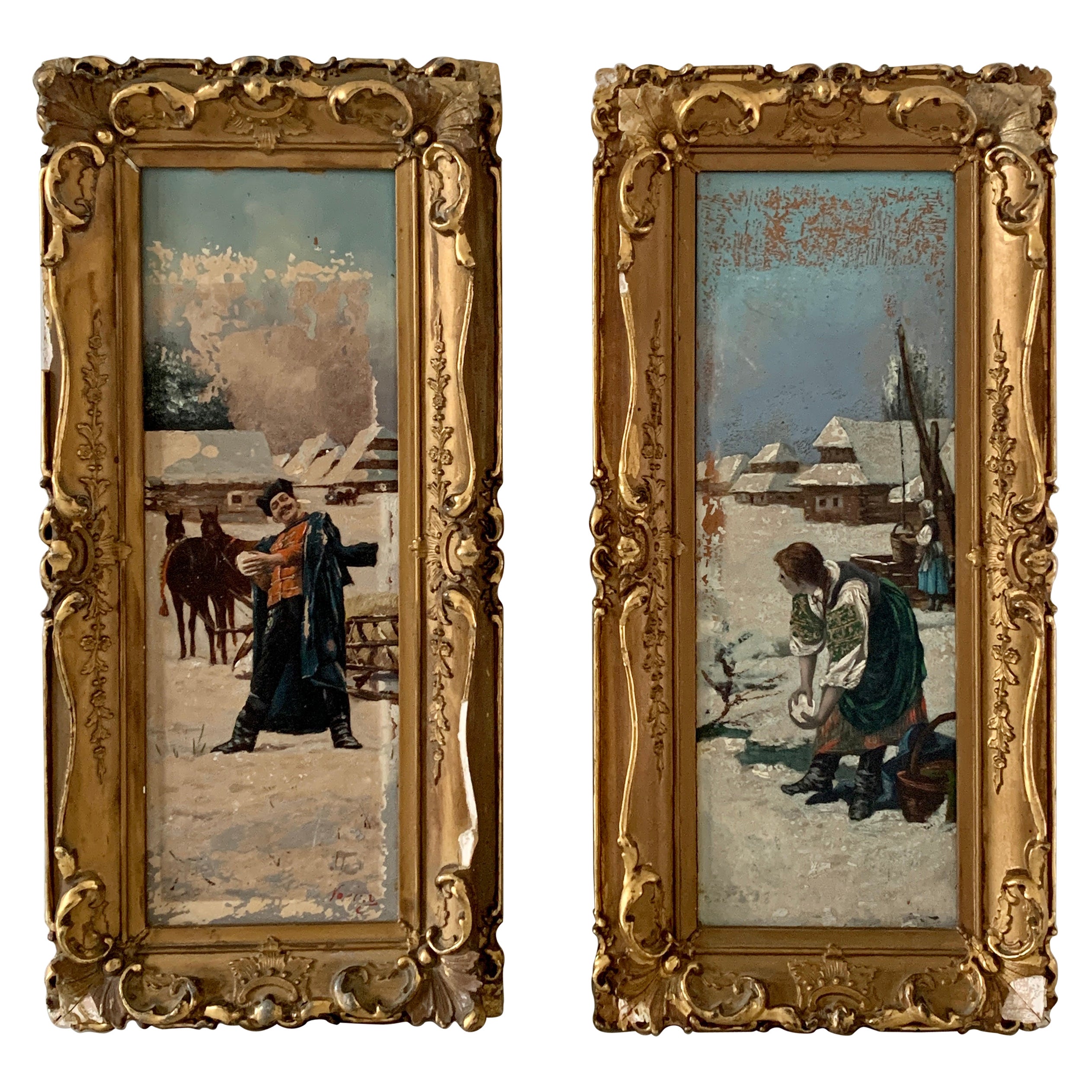 Ancienne huile sur carton russe encadrée du 19e siècle représentant une bataille de boules de neige