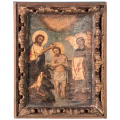 Antique 19th Century Russian Icon, The Baptism of Jesus on Wood Panel