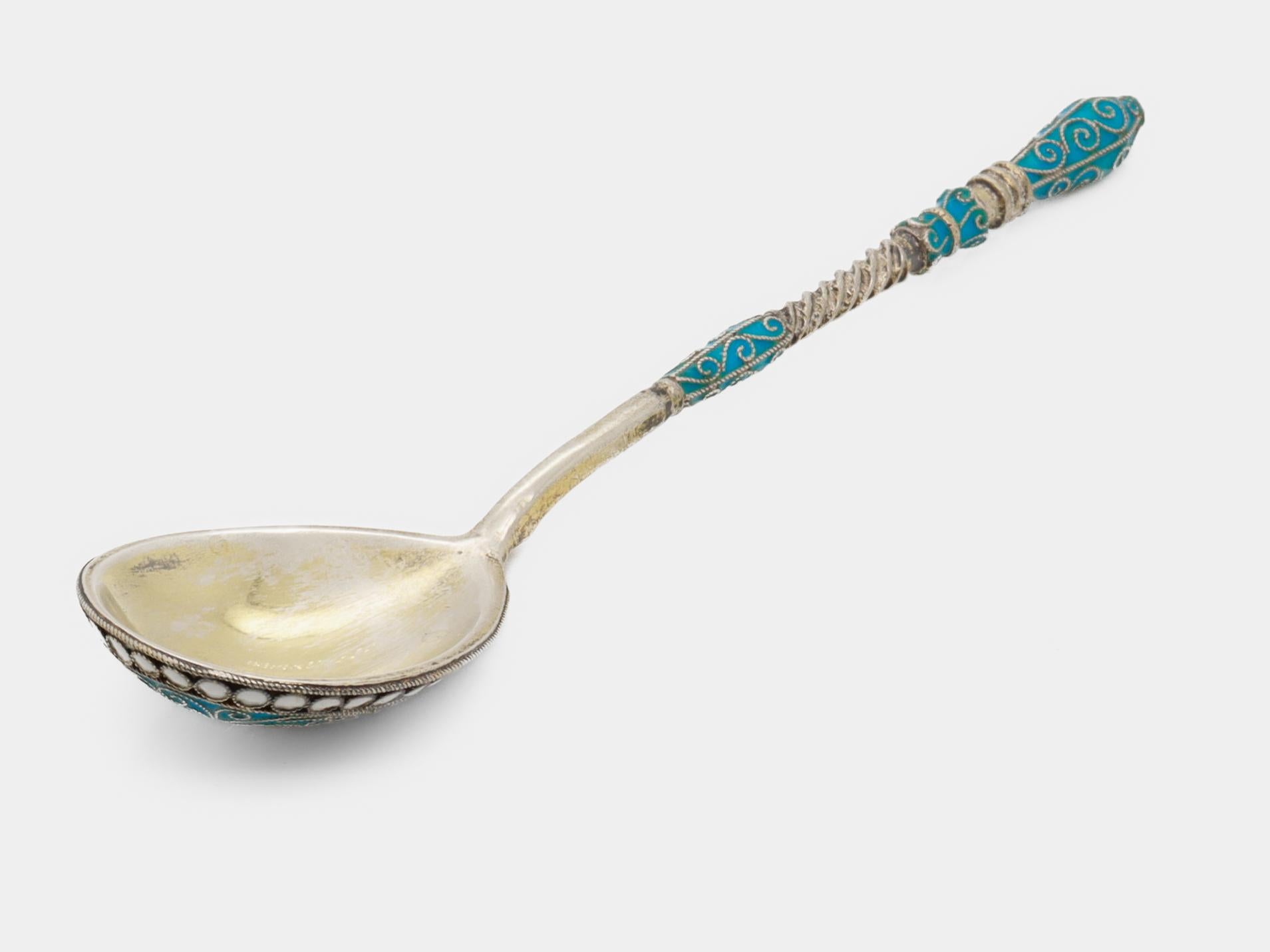 da uomo o donna Antico cucchiaio imperiale russo del XIX secolo in argento e smalto cloisonne in vendita