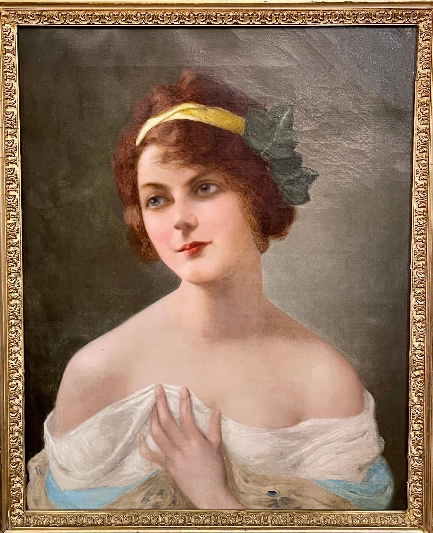 Antike 19. Jahrhundert Russisch Öl auf Leinwand Gemälde, Porträt einer jungen Dame. im Zustand „Gut“ im Angebot in New Orleans, LA