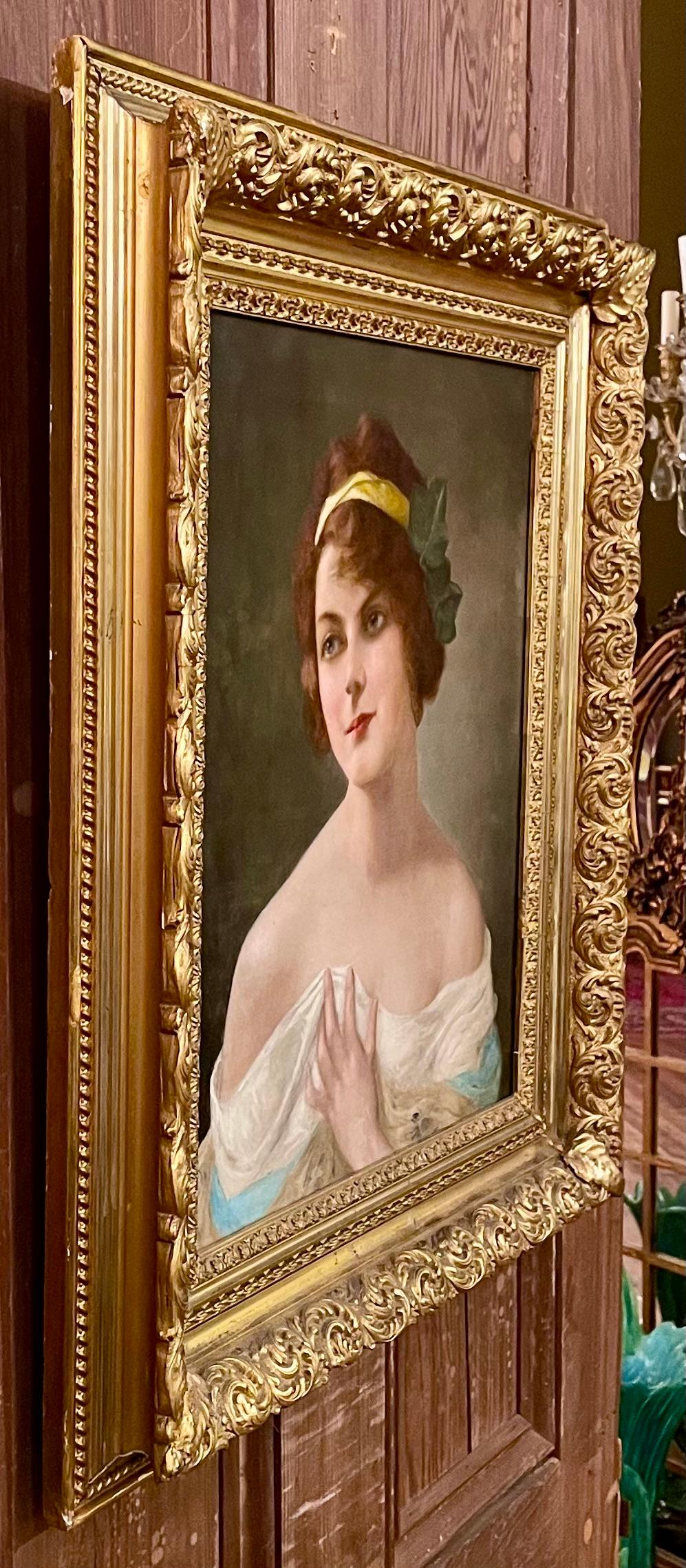 Antike 19. Jahrhundert Russisch Öl auf Leinwand Gemälde, Porträt einer jungen Dame. im Angebot 2