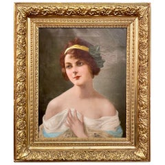 Antico dipinto russo del XIX secolo a olio su tela, Ritratto di una giovane donna.
