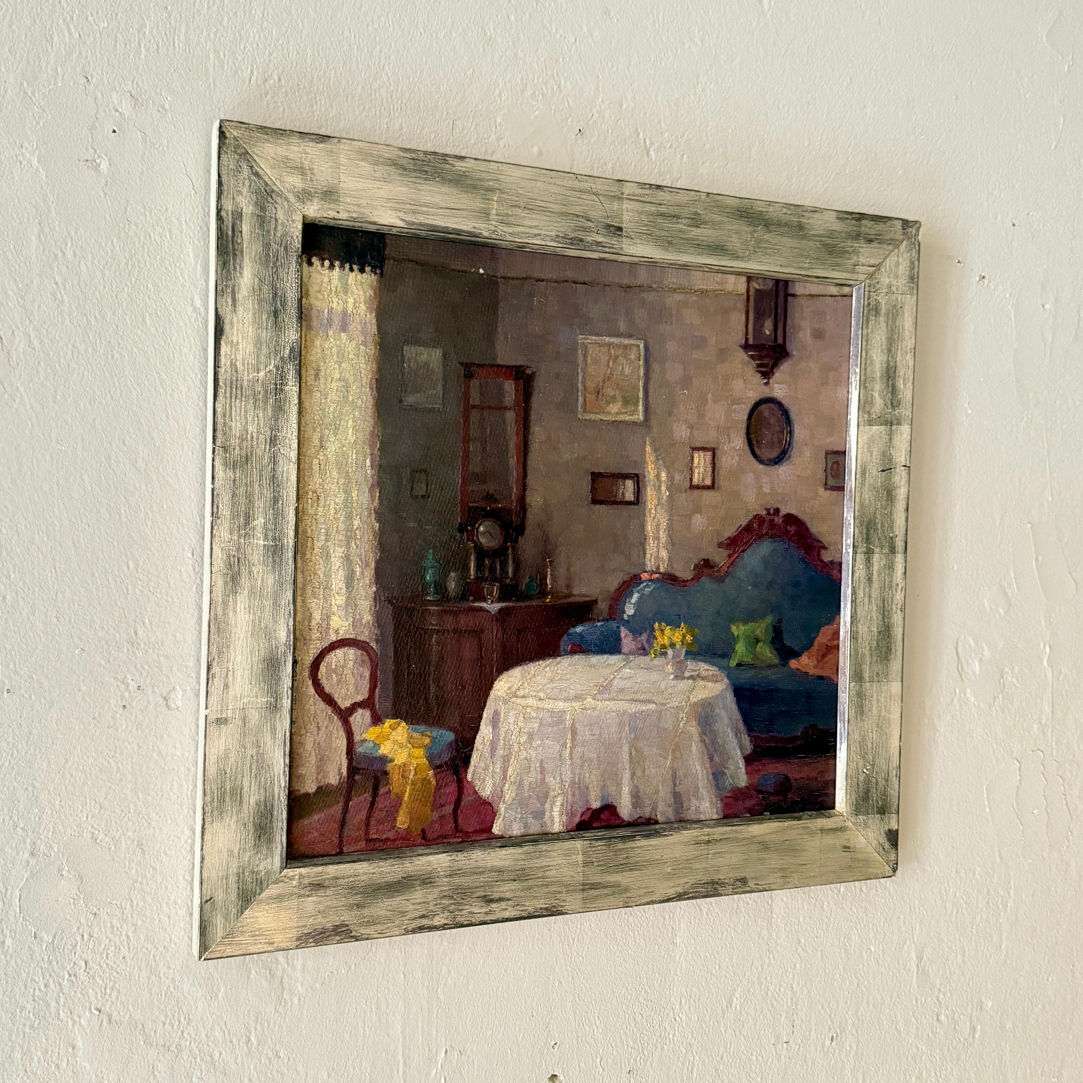 Biedermeier Ancienne peinture d'intérieur de salon du XIXe siècle dans un cadre décoratif en argent en vente