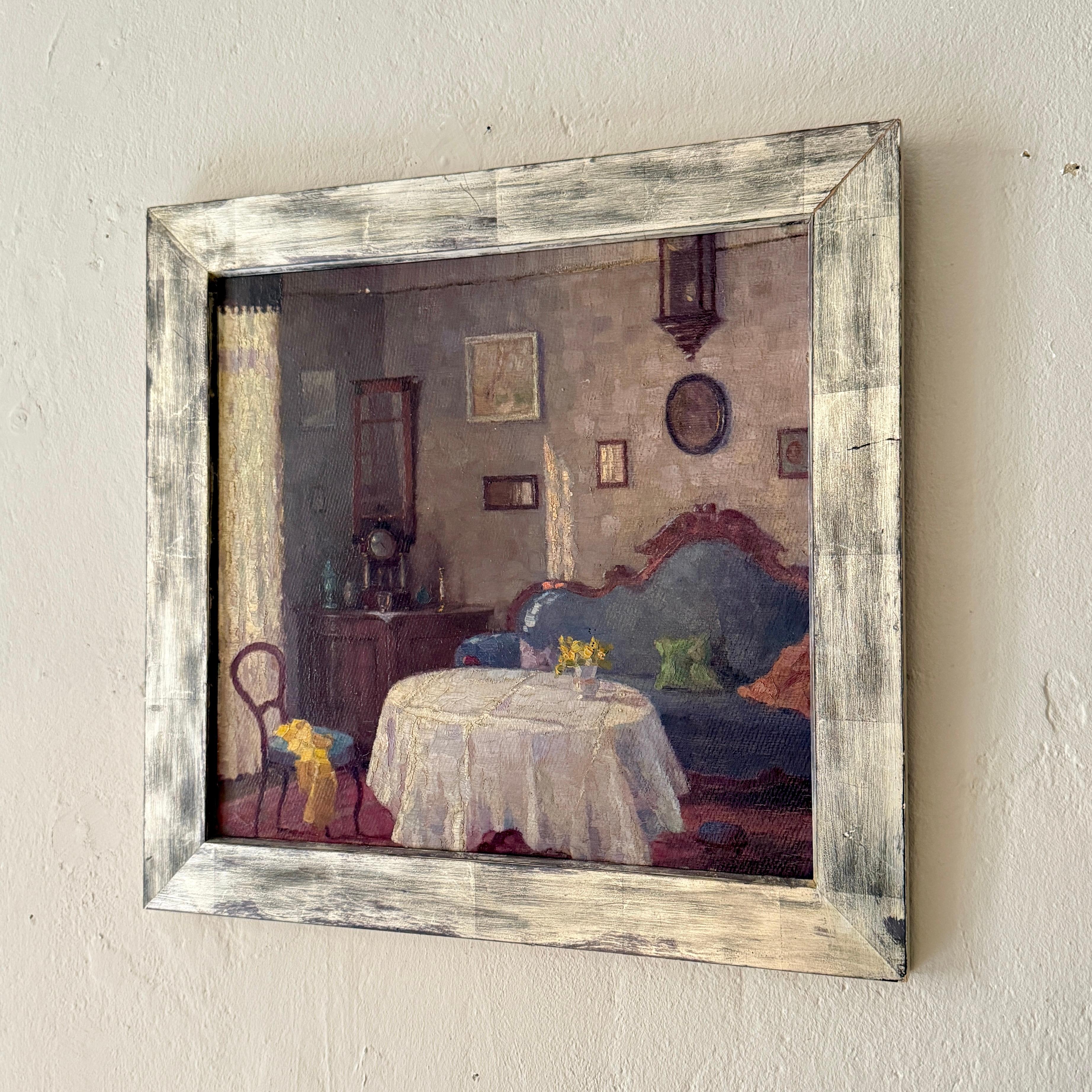 Allemand Ancienne peinture d'intérieur de salon du XIXe siècle dans un cadre décoratif en argent en vente