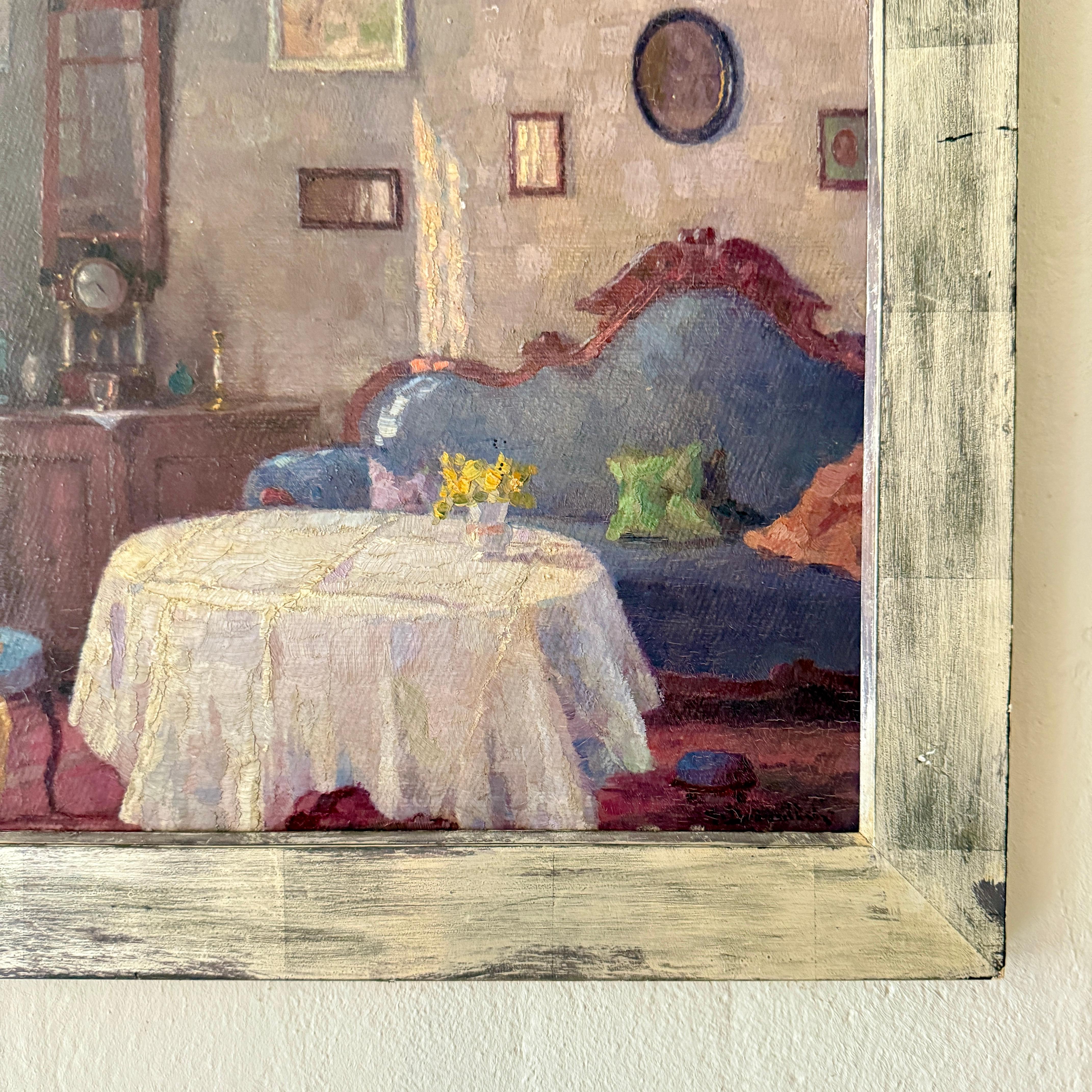 Ancienne peinture d'intérieur de salon du XIXe siècle dans un cadre décoratif en argent Bon état - En vente à Berlin, DE