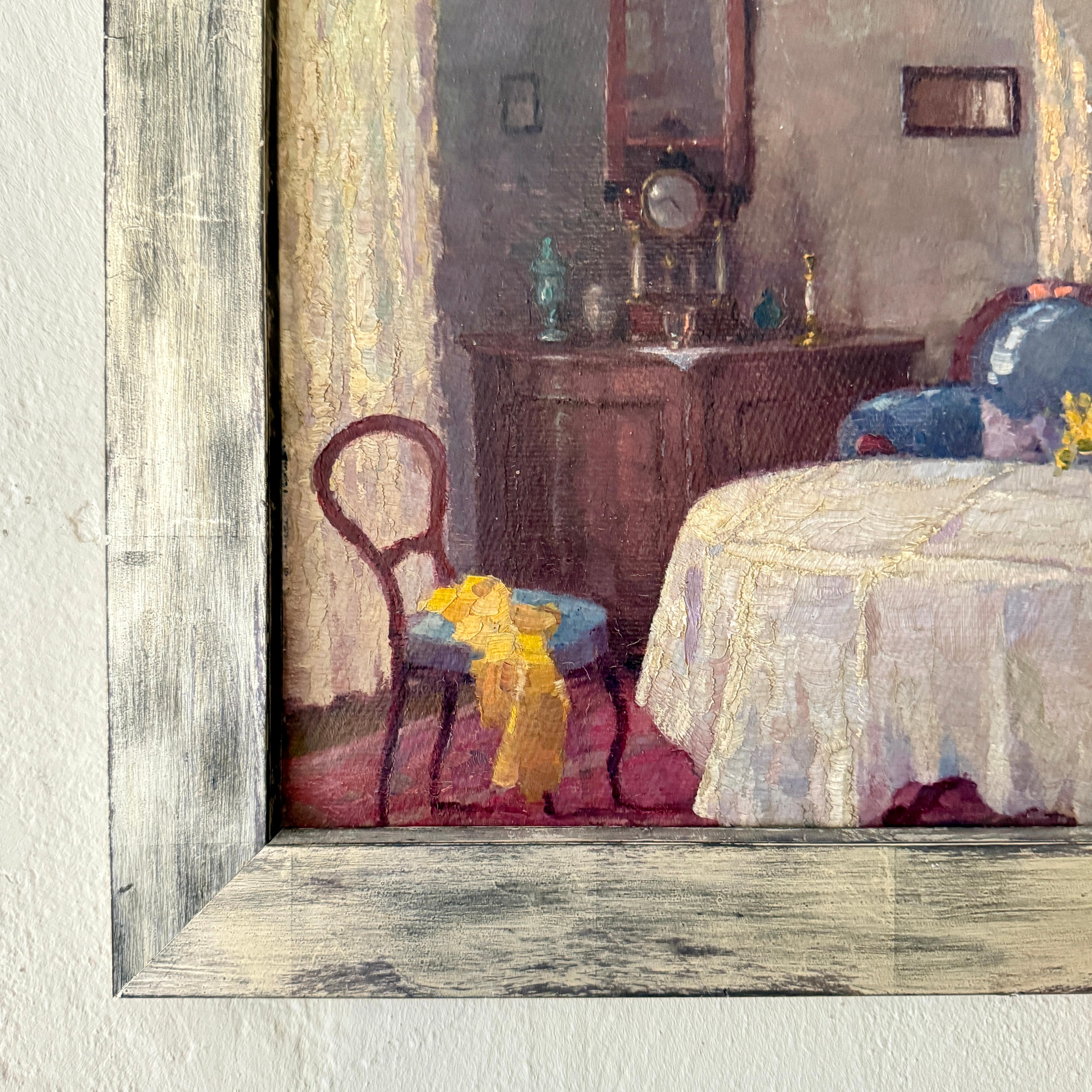 Milieu du XIXe siècle Ancienne peinture d'intérieur de salon du XIXe siècle dans un cadre décoratif en argent en vente