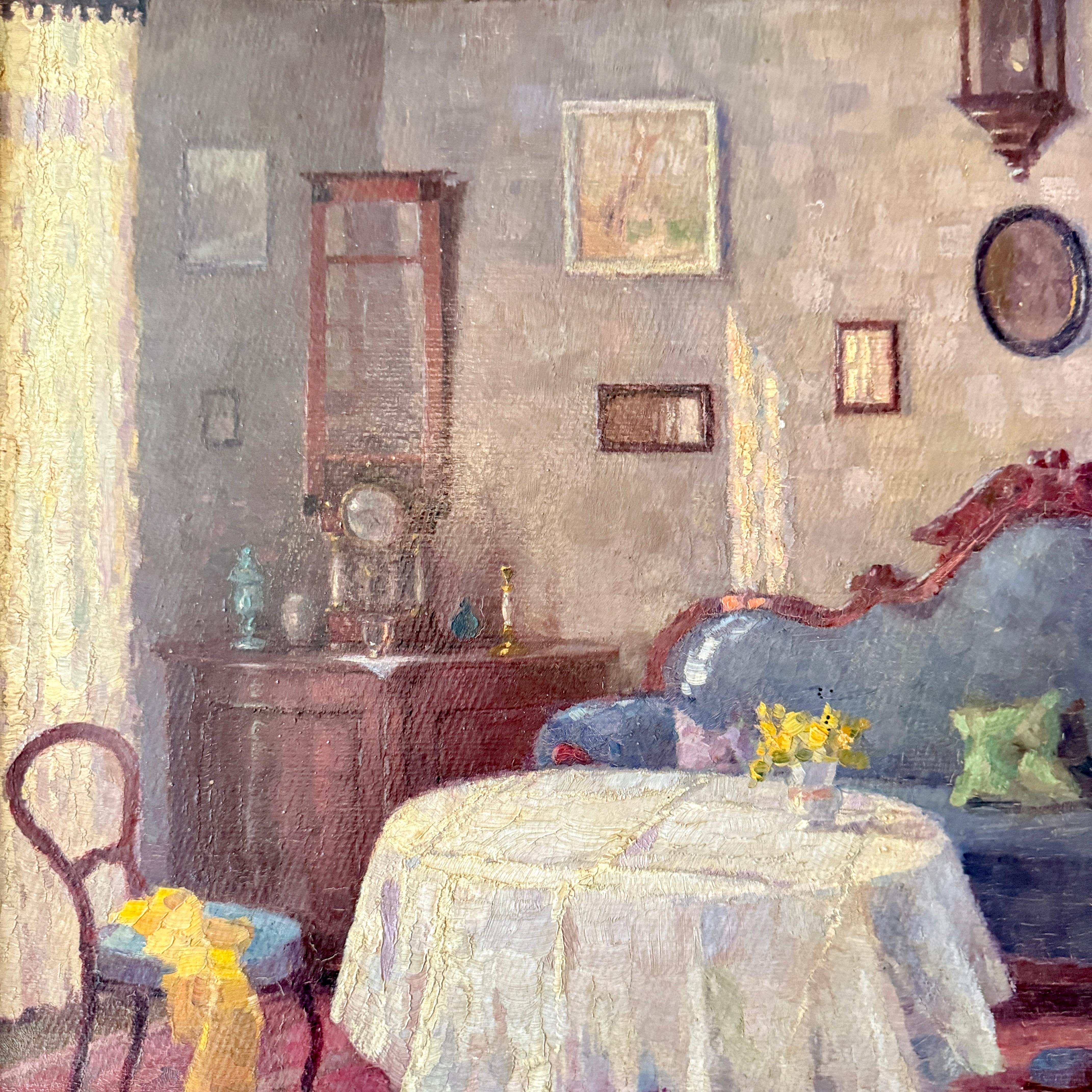 Toile Ancienne peinture d'intérieur de salon du XIXe siècle dans un cadre décoratif en argent en vente