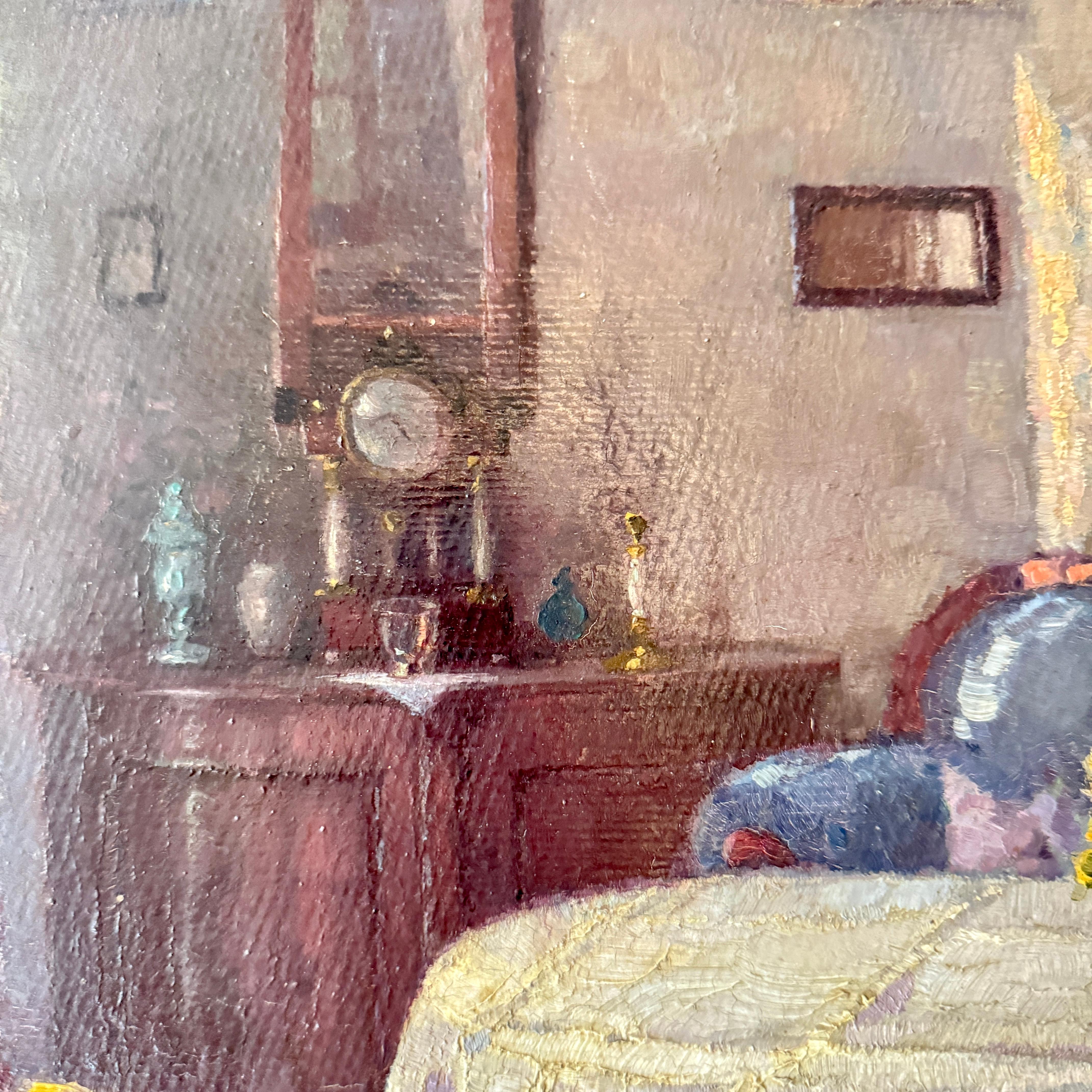 Ancienne peinture d'intérieur de salon du XIXe siècle dans un cadre décoratif en argent en vente 1