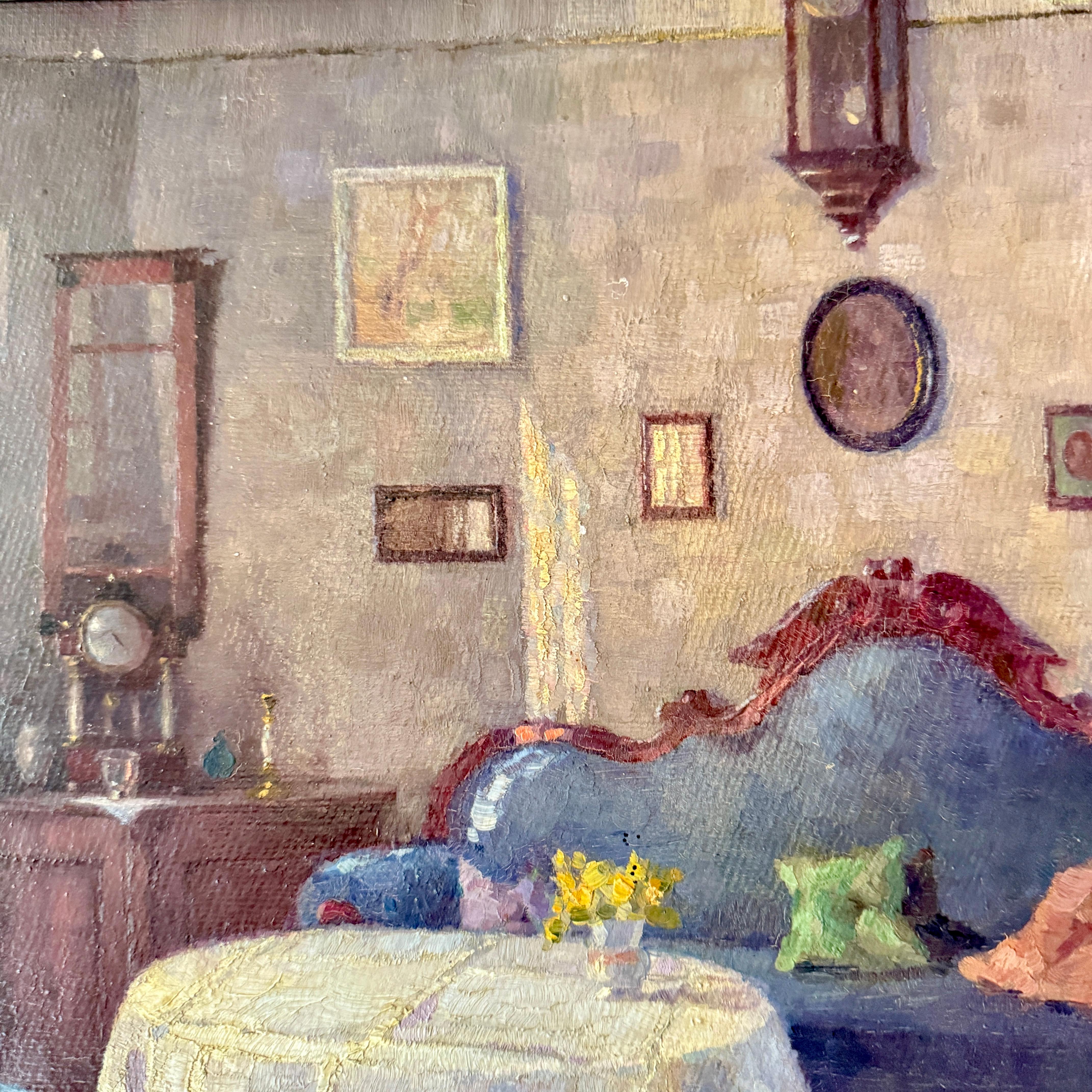 Ancienne peinture d'intérieur de salon du XIXe siècle dans un cadre décoratif en argent en vente 2