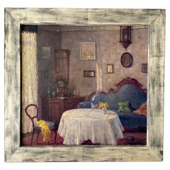 Antique 19th Century Salon Interior Painting in a Decorative Silvered Frame