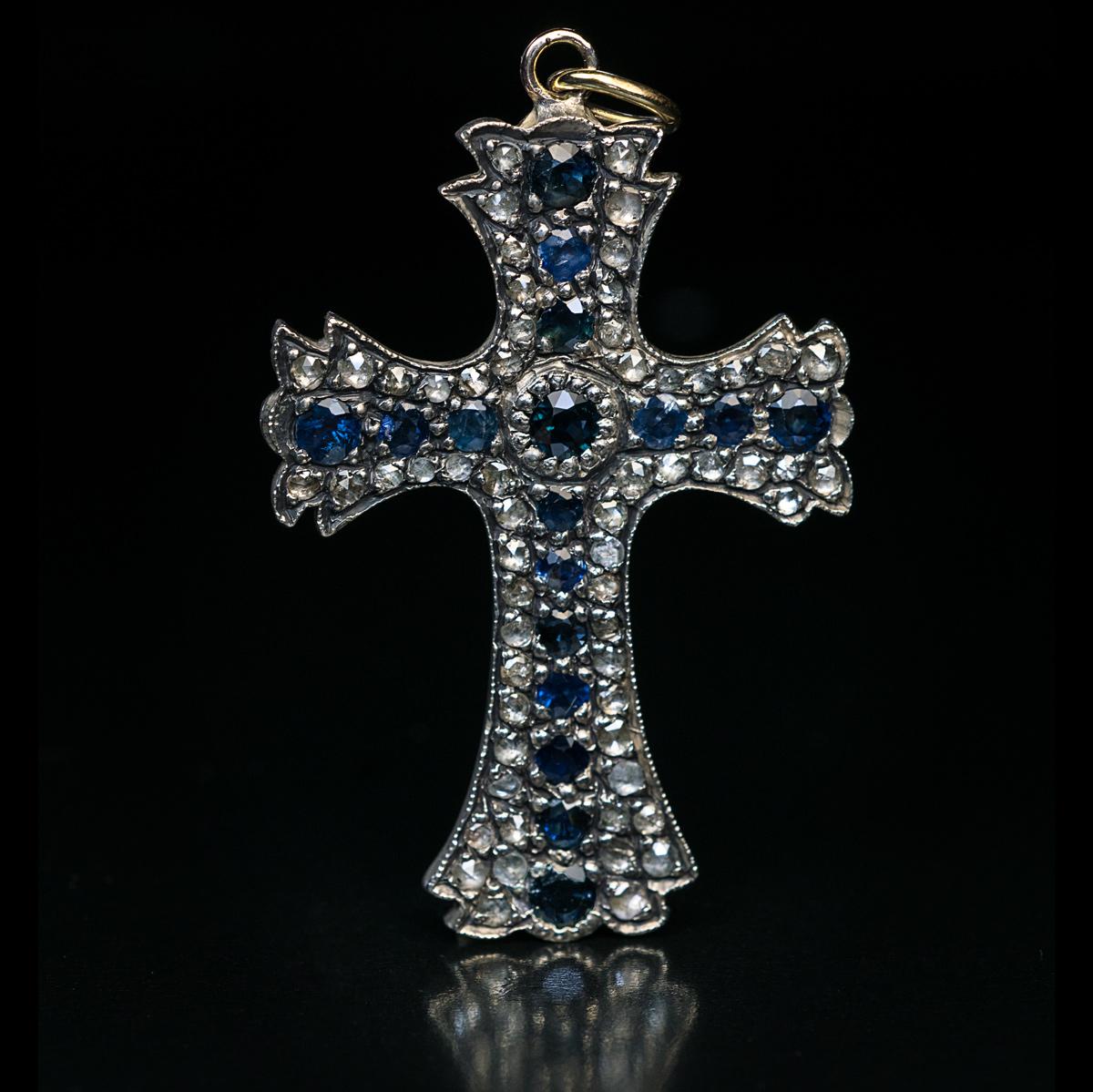 Victorian Antique 19th Century Sapphire Diamond Cross Pendant