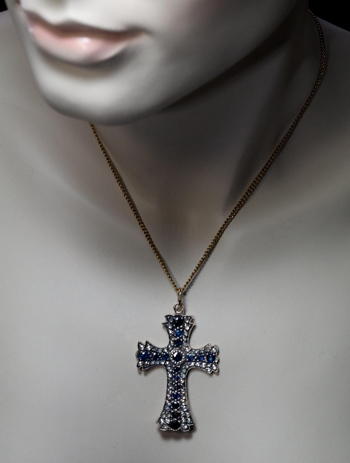 Antique 19th Century Sapphire Diamond Cross Pendant In Excellent Condition In Chicago, IL