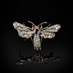 Antique 19th Century Sapphire Ruby Diamond Bee Insect Animal Brooch Silver Gold