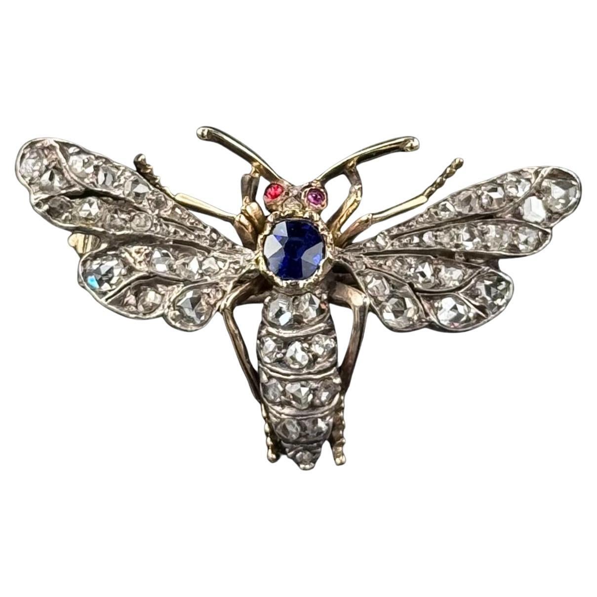 Antike 19. Jahrhundert Saphir Rubin Diamant Biene Insekt Tier Brosche Silber Gold