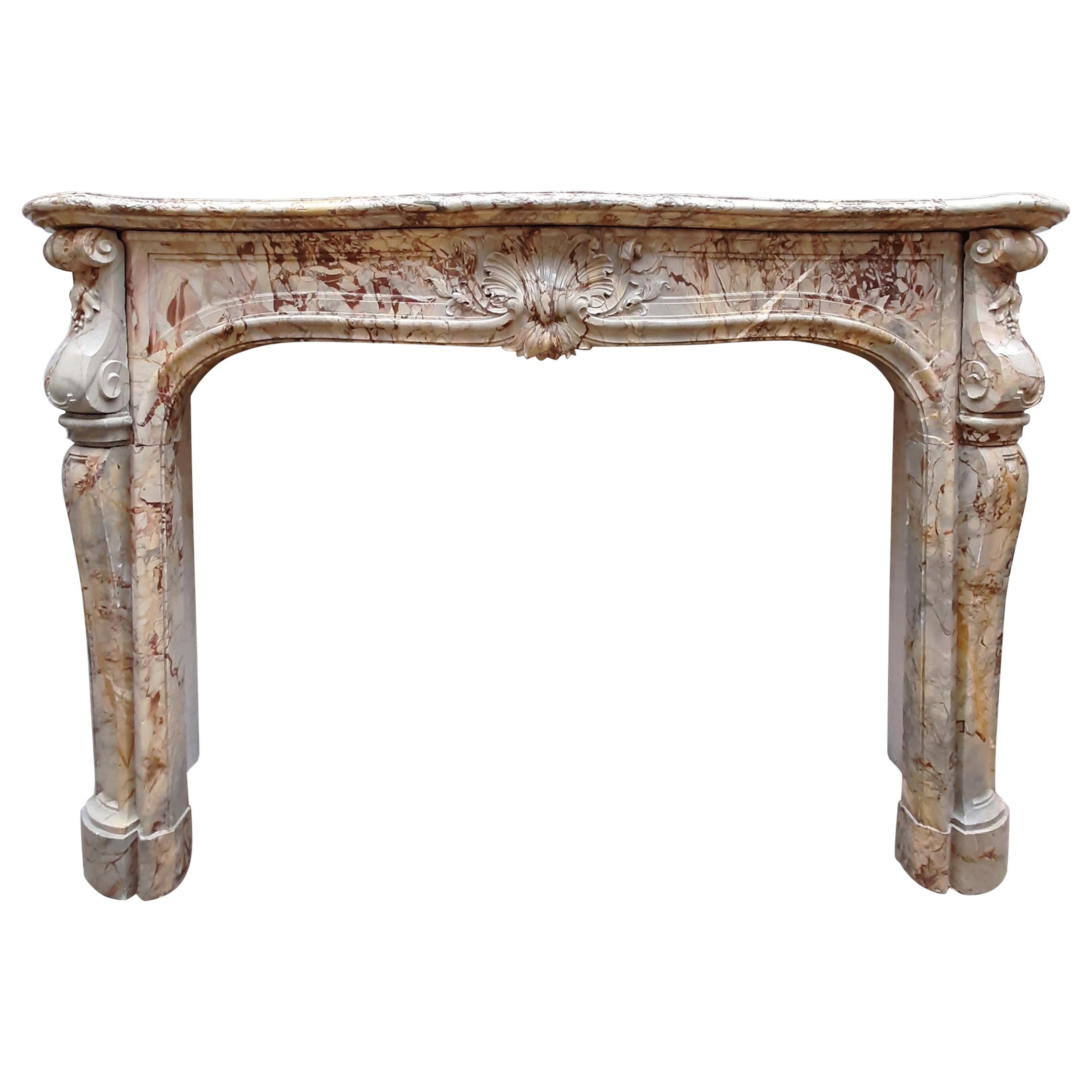 Antique 19th Century Sarrancolin Marble Louis XIV Trois Coquilles Fireplace