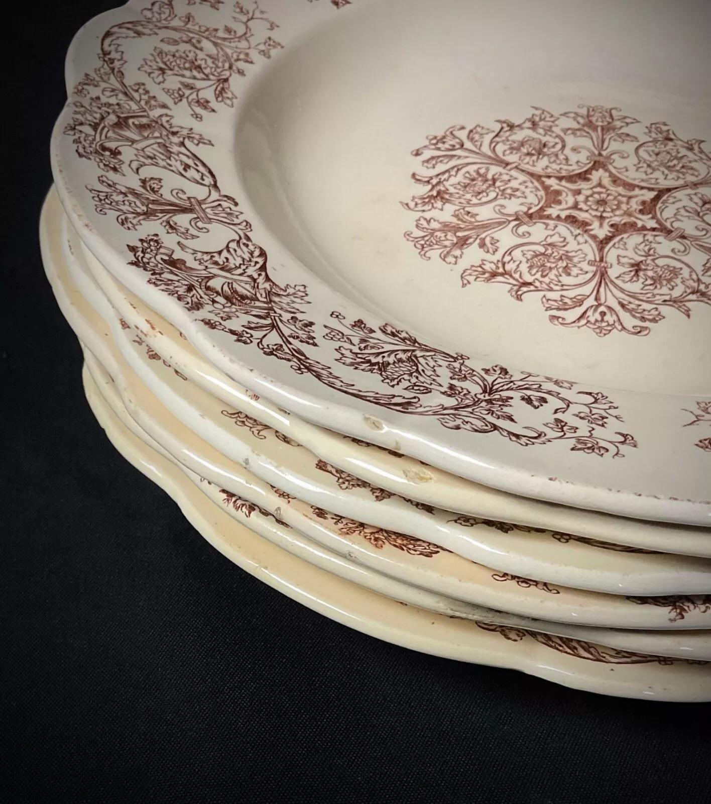 Terre de fer Ensemble de 6 assiettes profondes Longchamp Bella Pattern du 19ème siècle - 2Y376 en vente