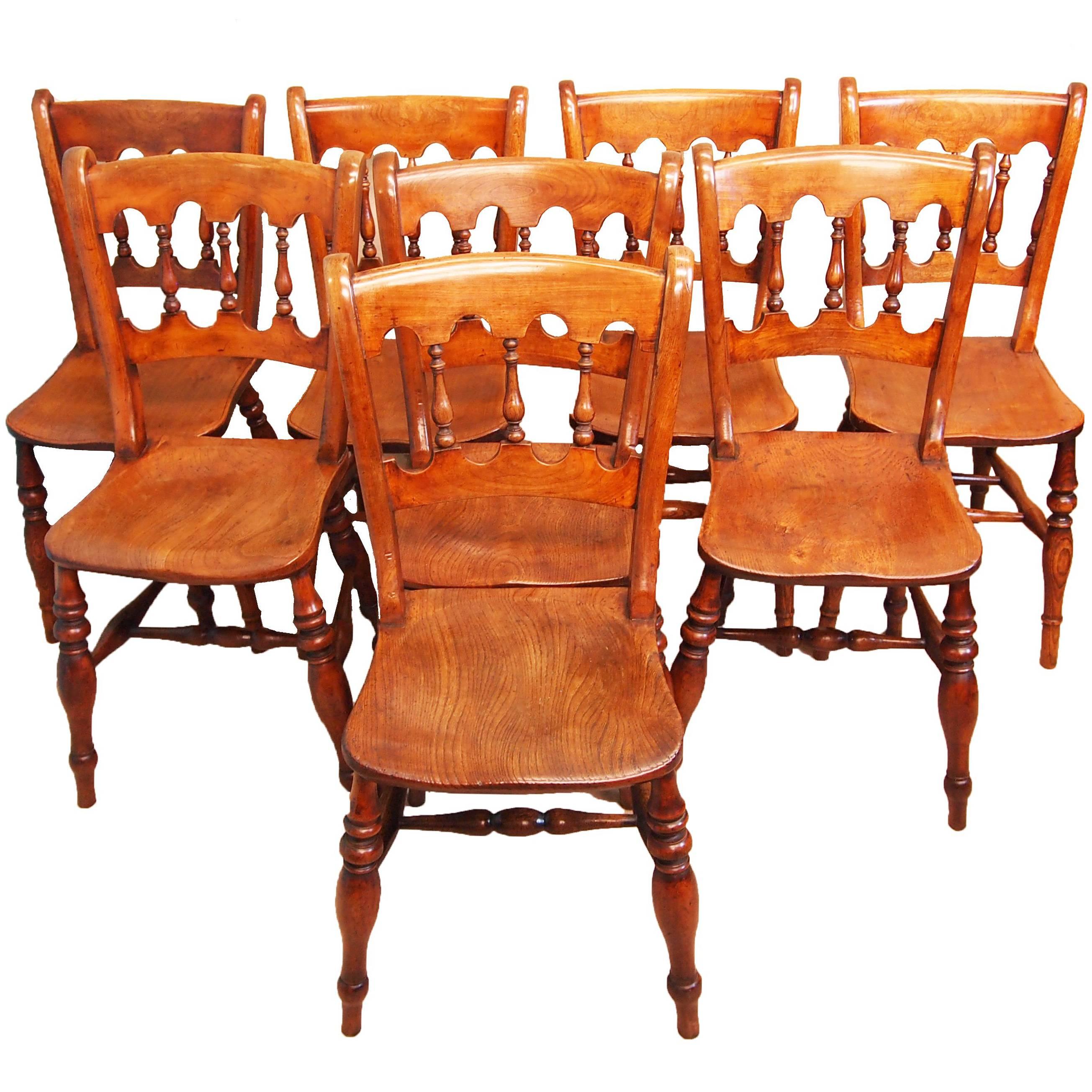 Antique 19th Century Set of Eight Beech and Elm Kitchen Windsor Chairs