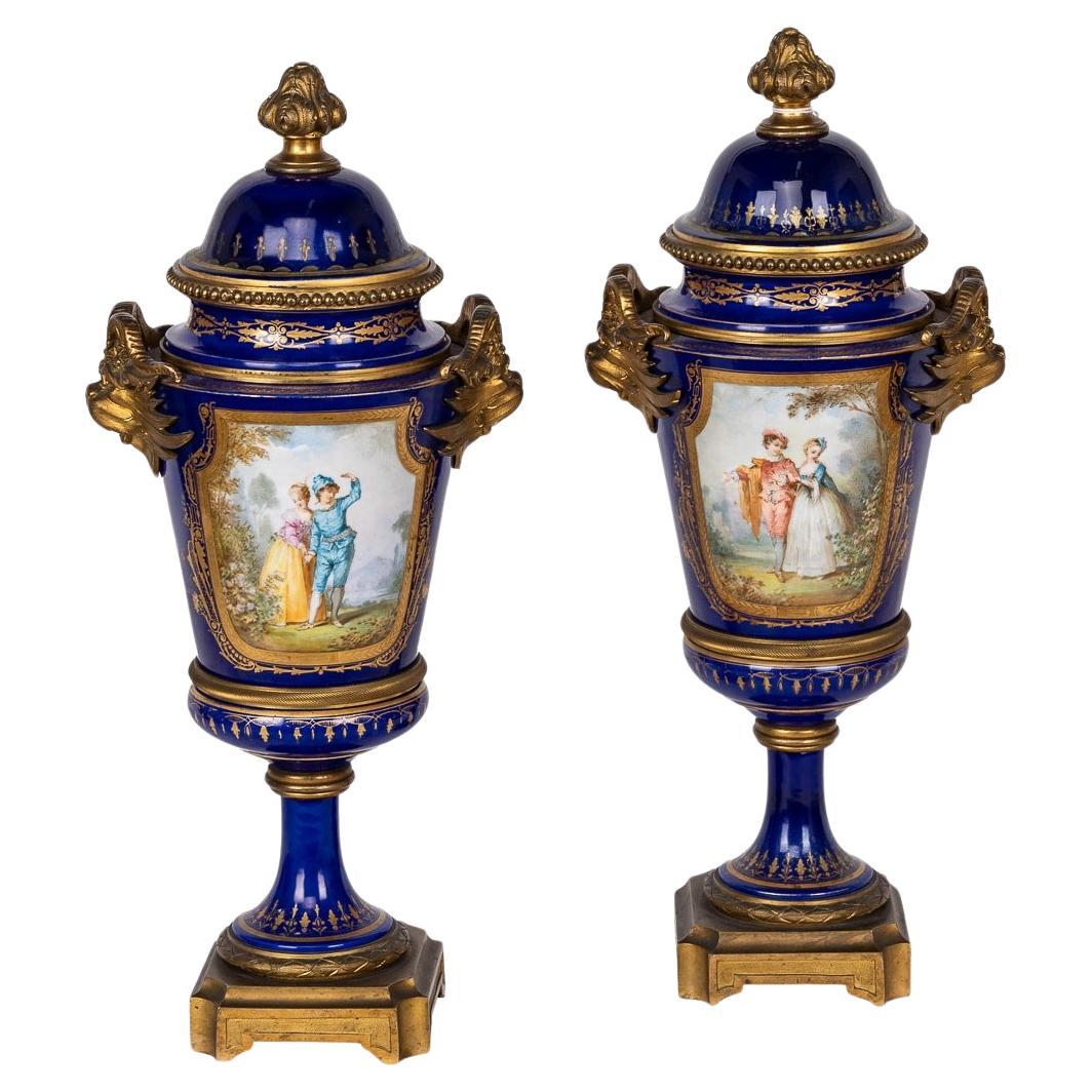 Antique 19th Century Sèvres Ormolu Mounted Vases With Covers c.1870 For Sale