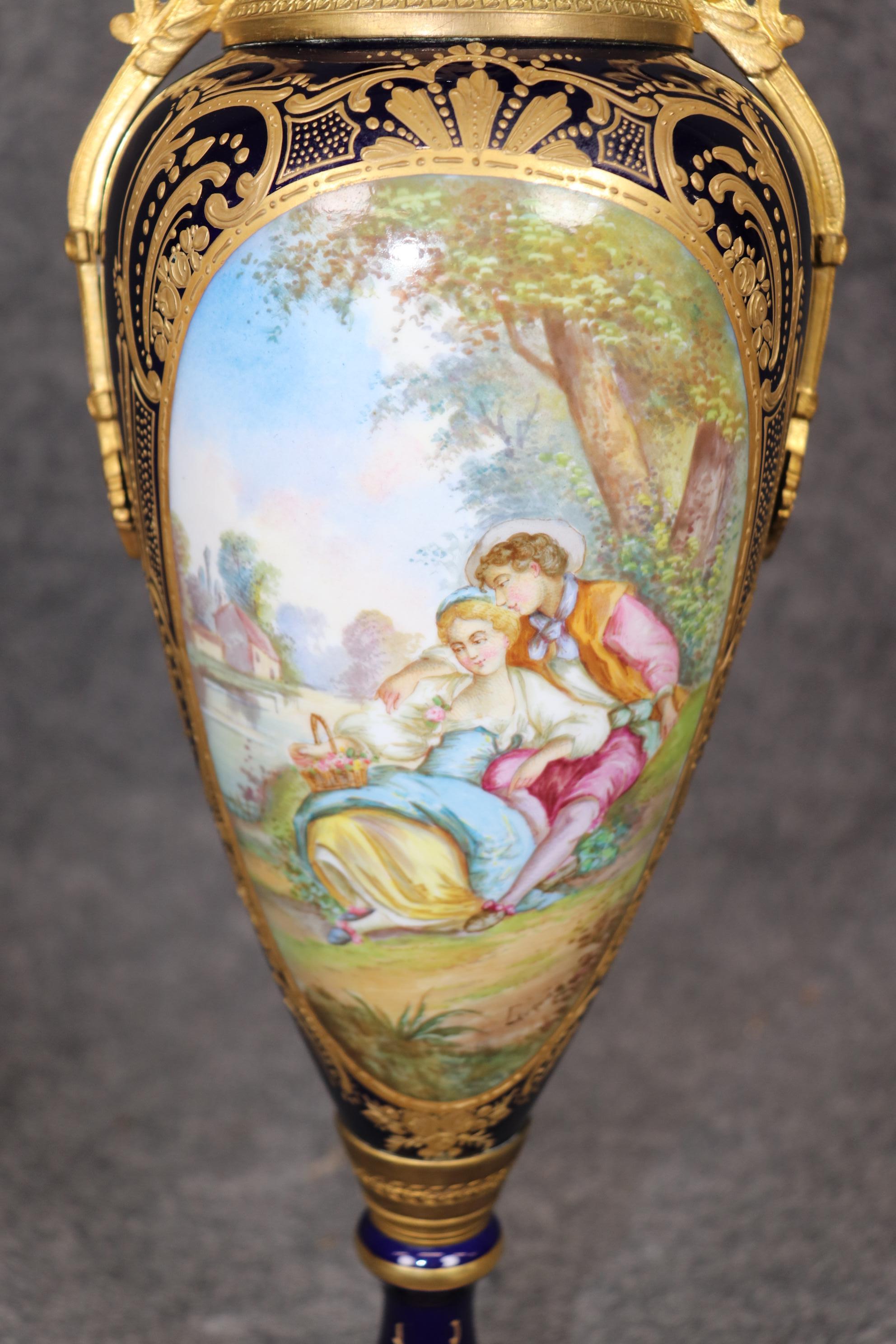 Bronze Antique 19th Century Sevres Royal Blue Porcelain Vase Made in France For Sale