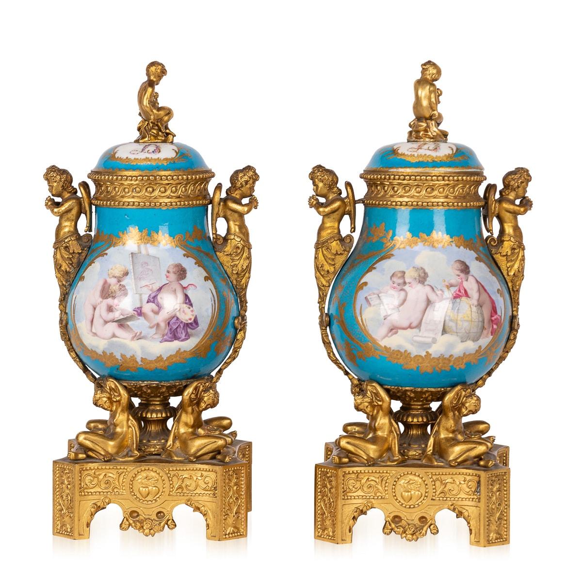 French Antique 19th Century Sèvres Style Ormolu Mounted Vases With Cover For Sale