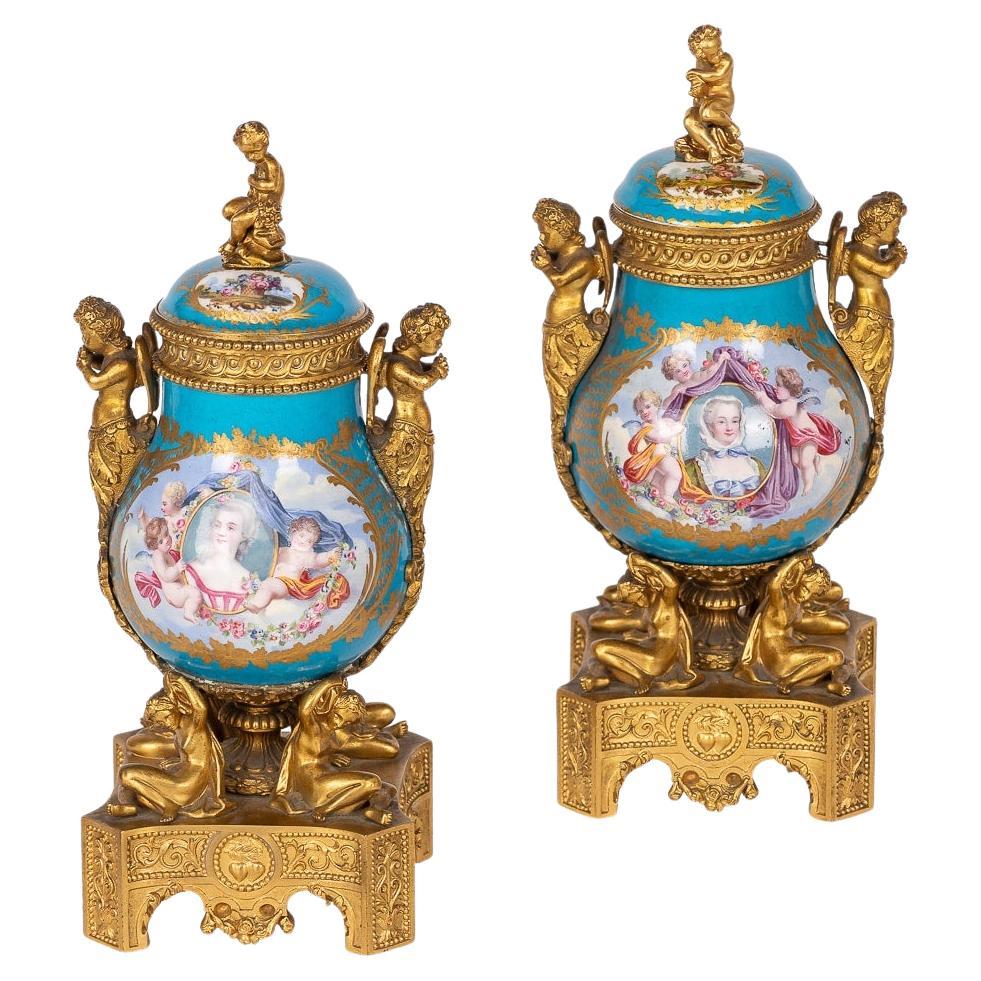 Antique 19th Century Sèvres Style Ormolu Mounted Vases With Cover For Sale