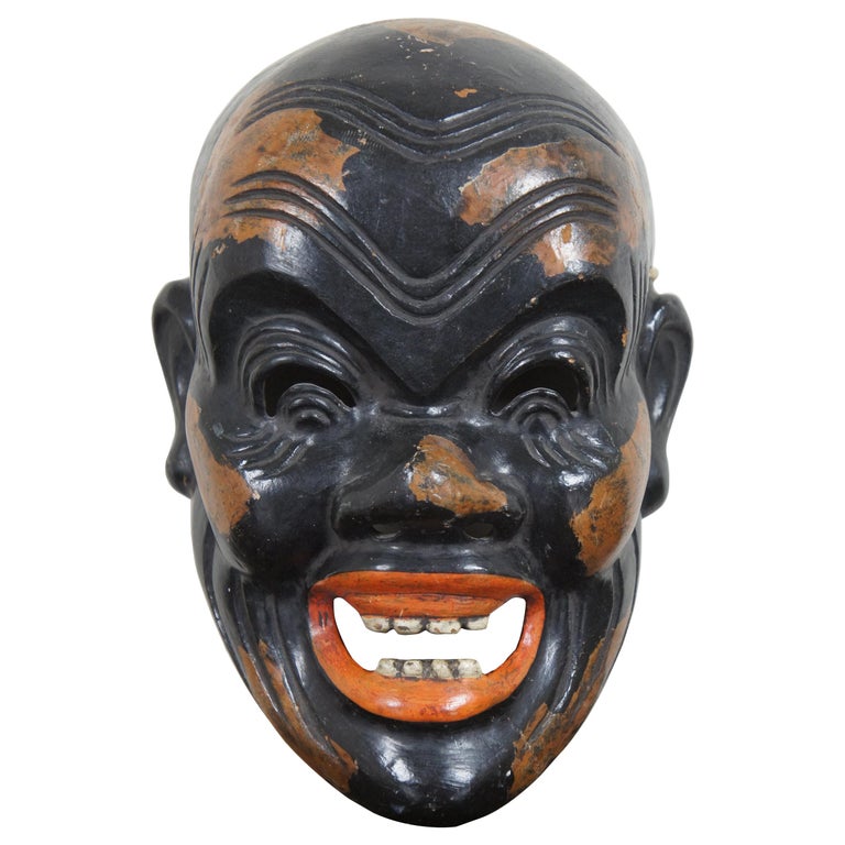 Antique 19th Century Signed Japanese Shinto Laughing Man Noh Theater Face  Mask at 1stDibs