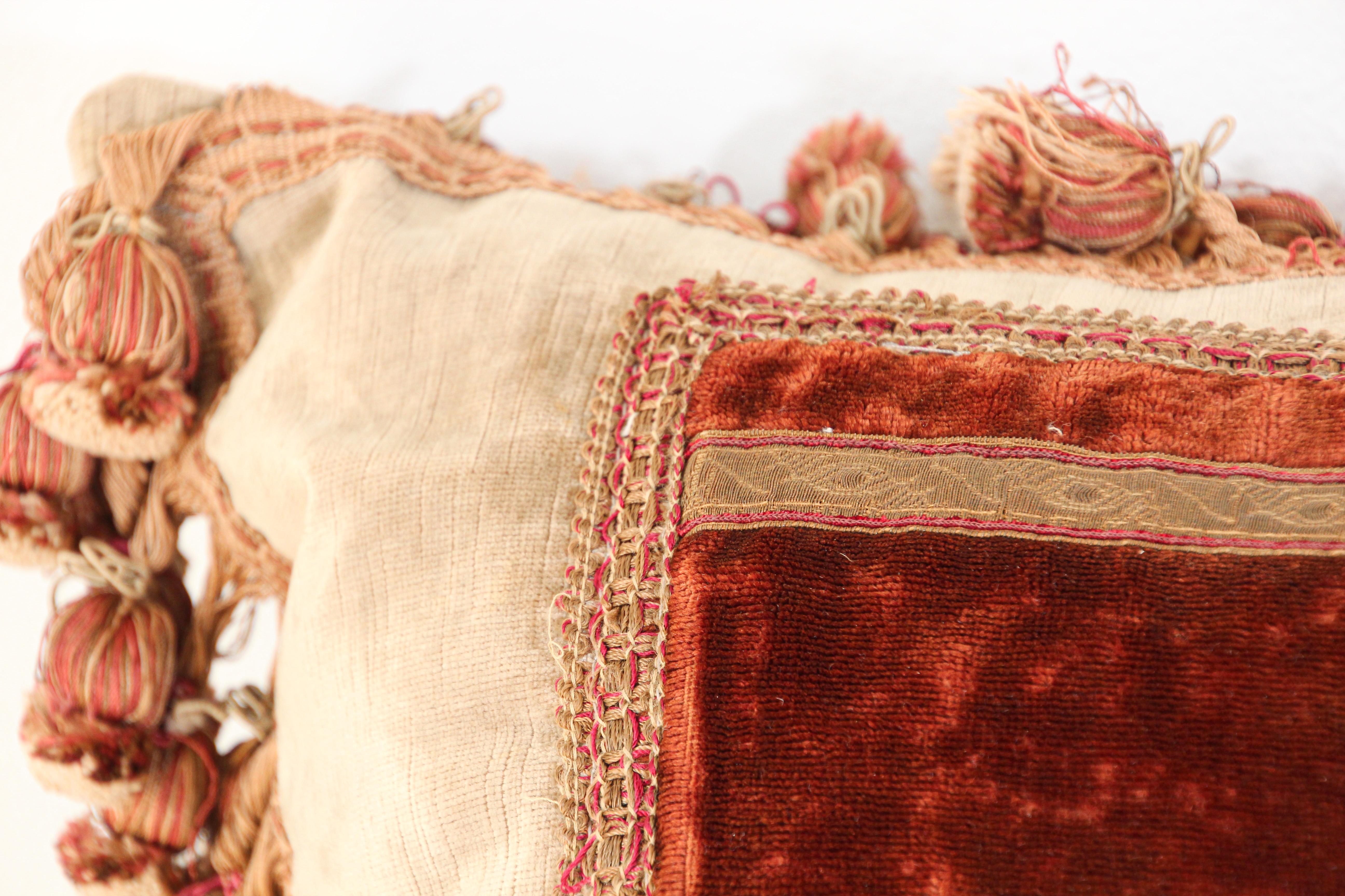 Embroidered Antique 19th Century Silk Velvet Textile Fragment Framed into a Pillow