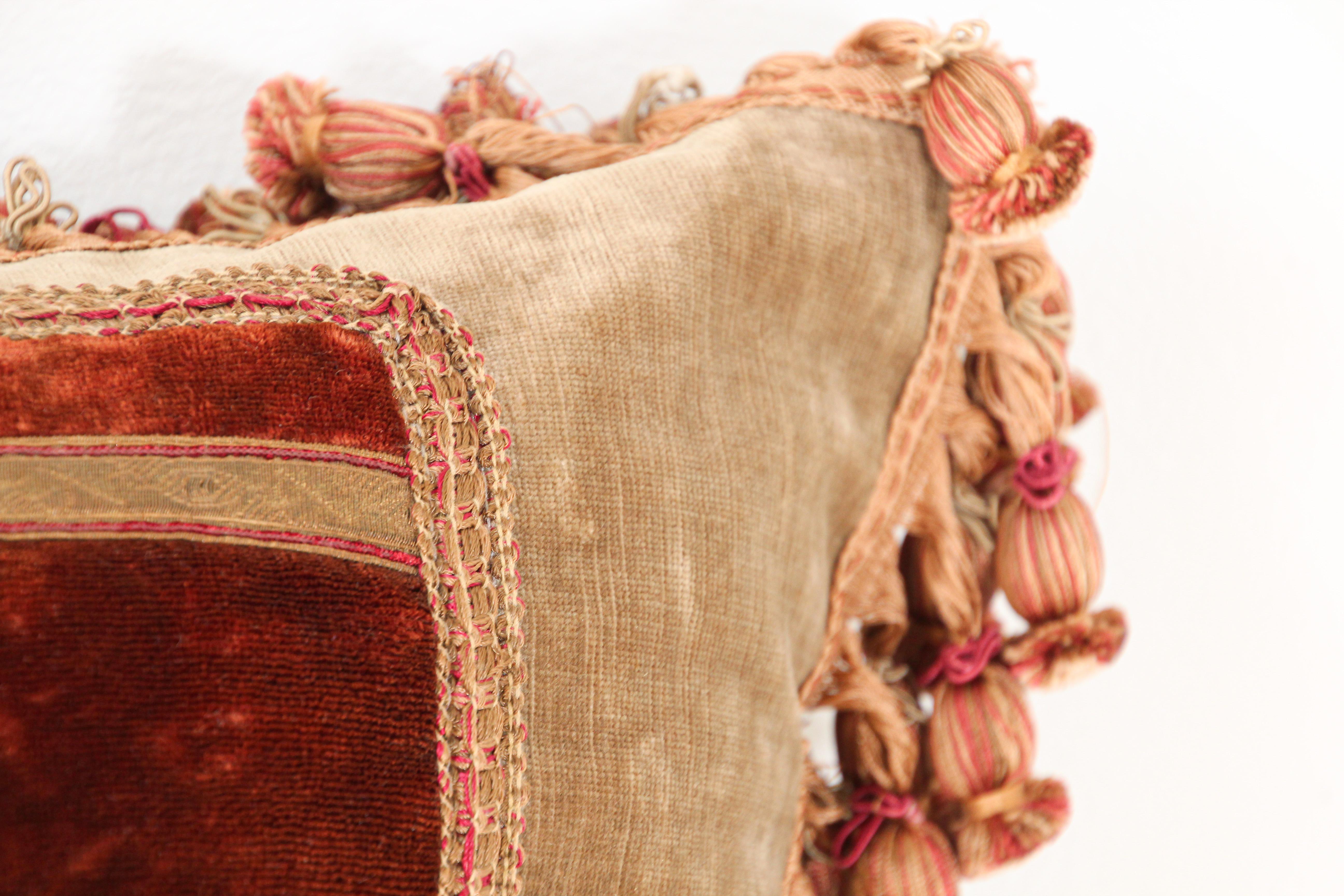 Antique 19th Century Silk Velvet Textile Fragment Framed into a Pillow In Fair Condition In North Hollywood, CA