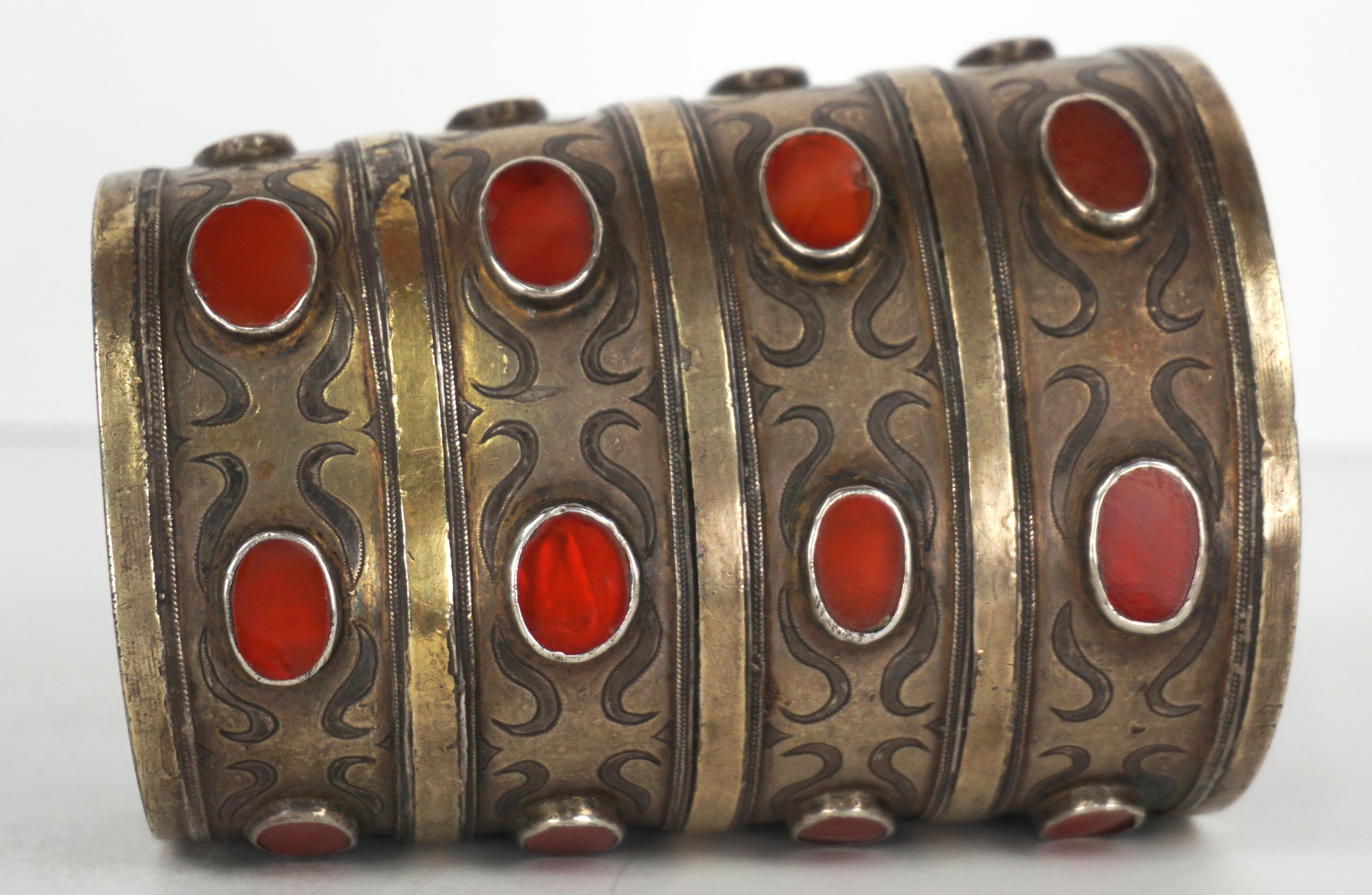 Islamic Antique 19th Century Silver Tekke Turkmen Carnelian Cuff Bracelet For Sale