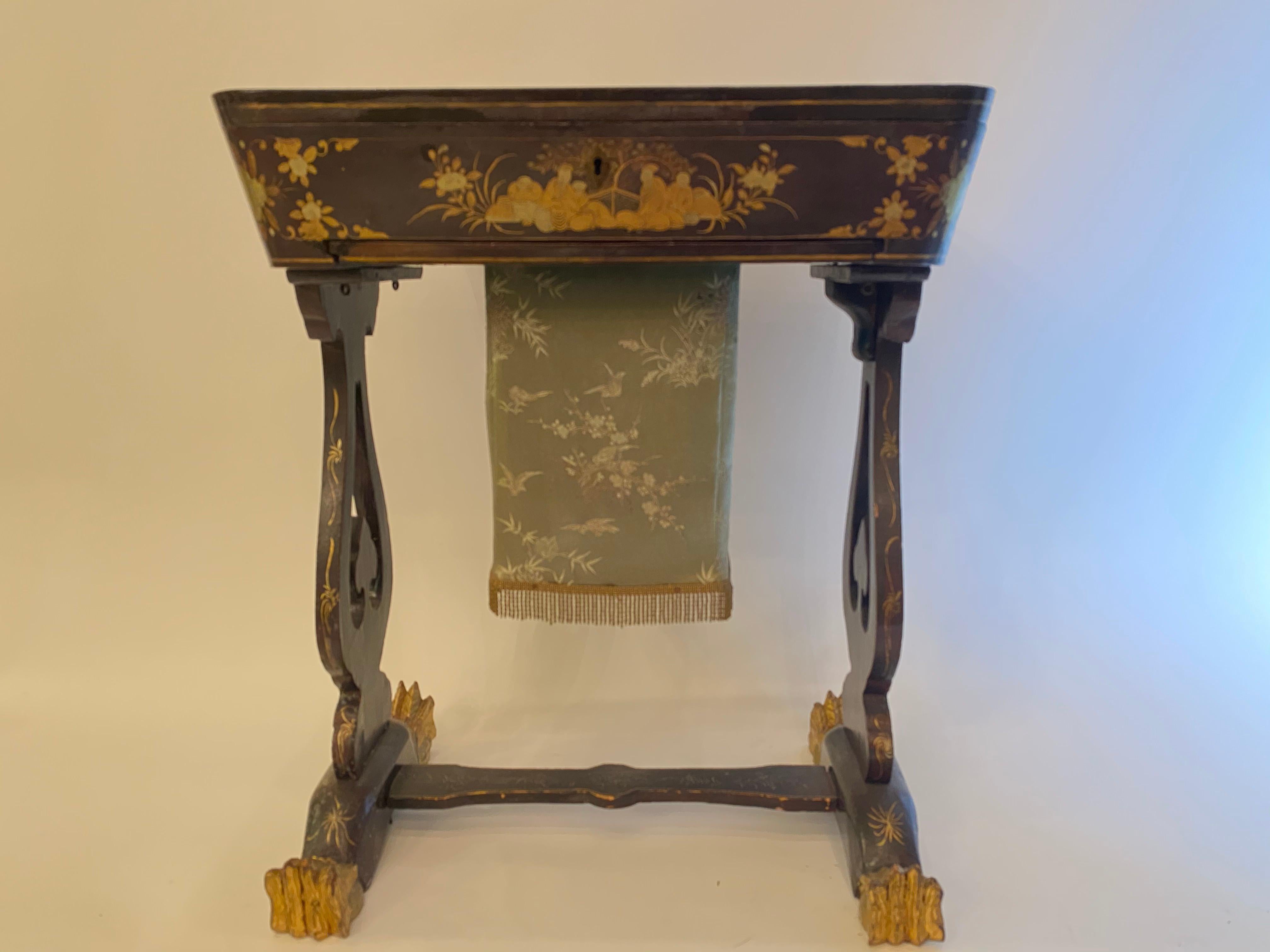 Hand-Painted Antique 19th Century Small Chinese Lacquer Sewing Table For Sale