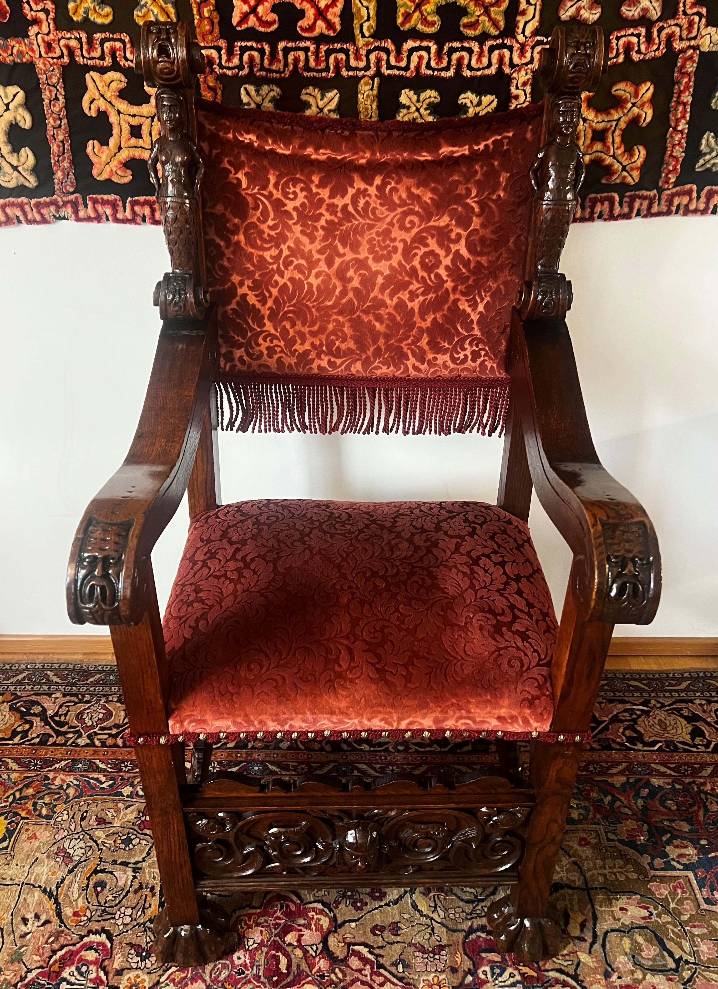 This 18th century British Oak Armchair is an absolutely unique piece of furniture. It has a very unusual mythological design which dedicated to the Sea. This Throne Armchair looks truly magnificent and royal with its perfectly carved Mermaid and