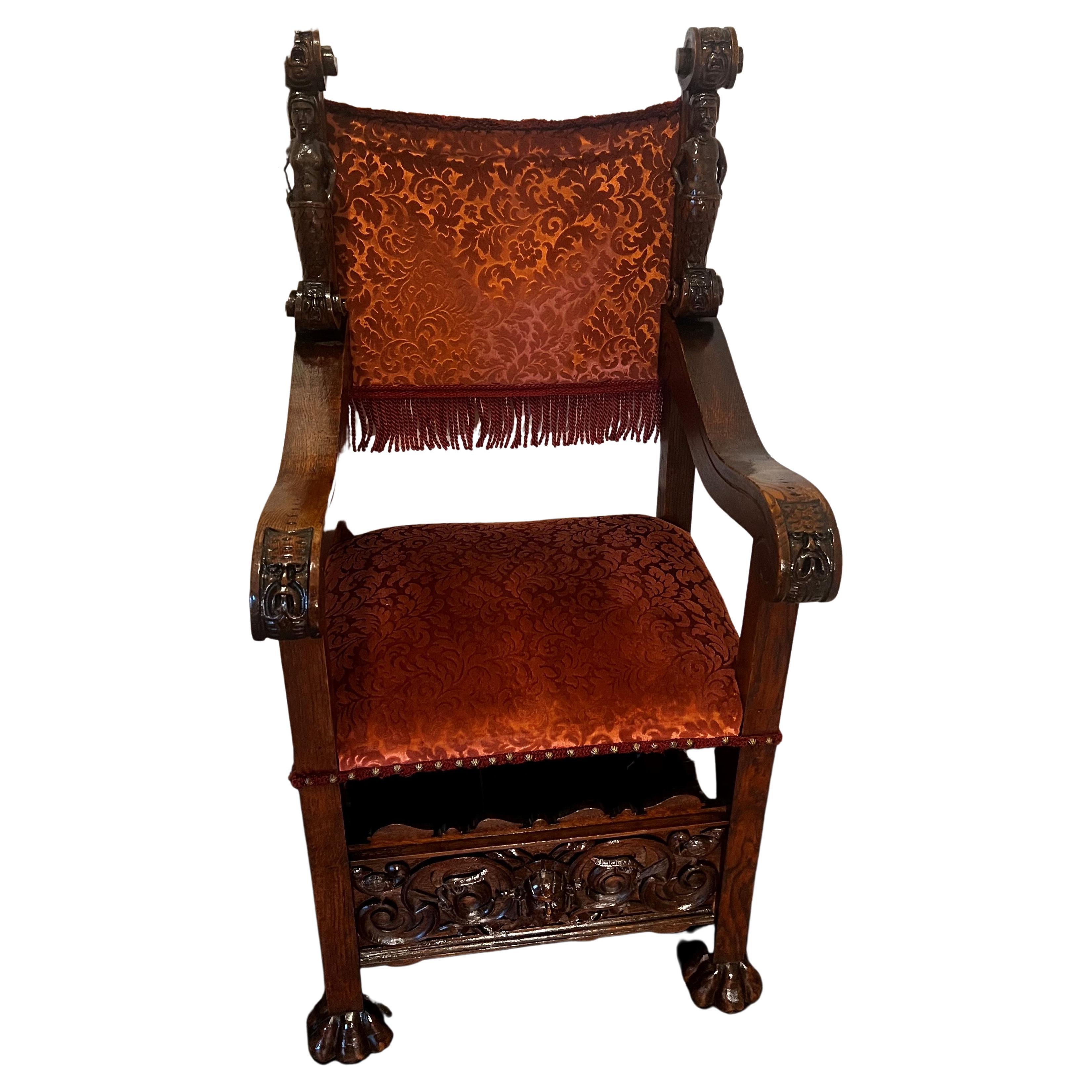 Antique 19th century solid british oak Throne Armchair For Sale