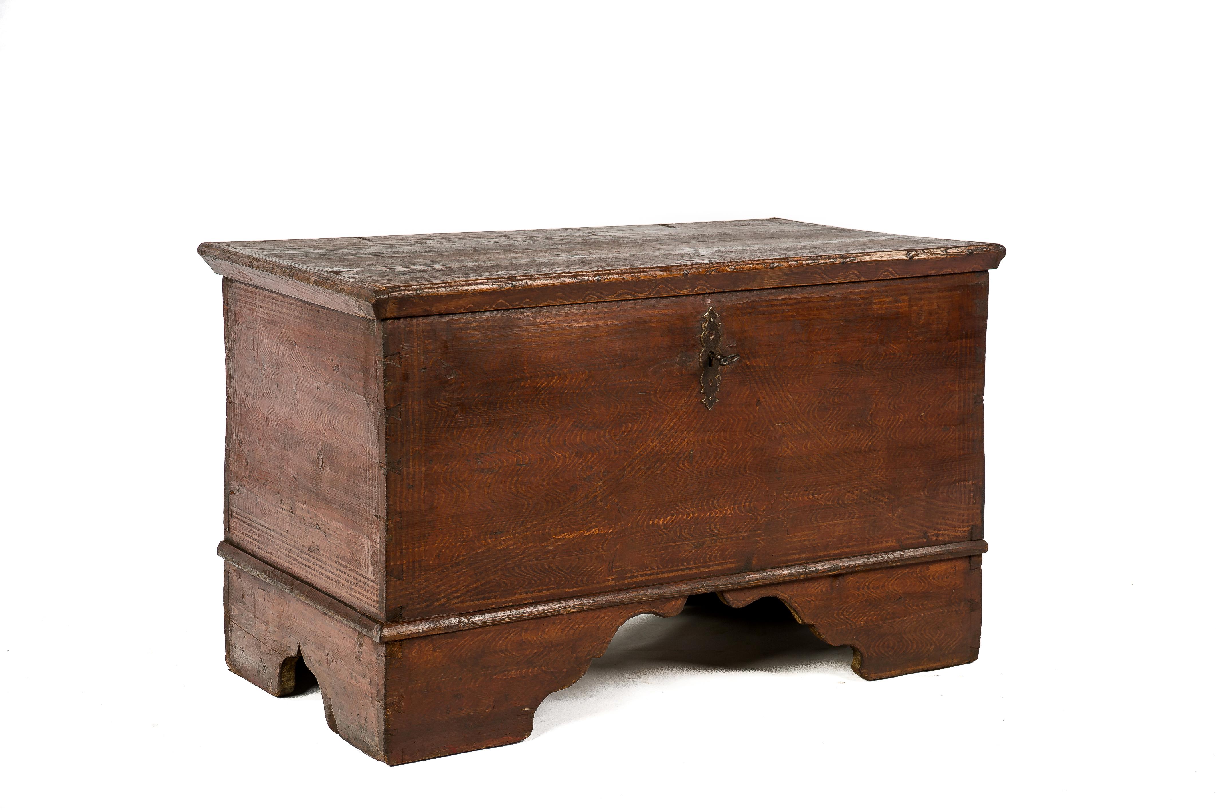 Forged Antique 19th-Century Solid Pine and Traditional Painted Austrian Trunk or Chest For Sale