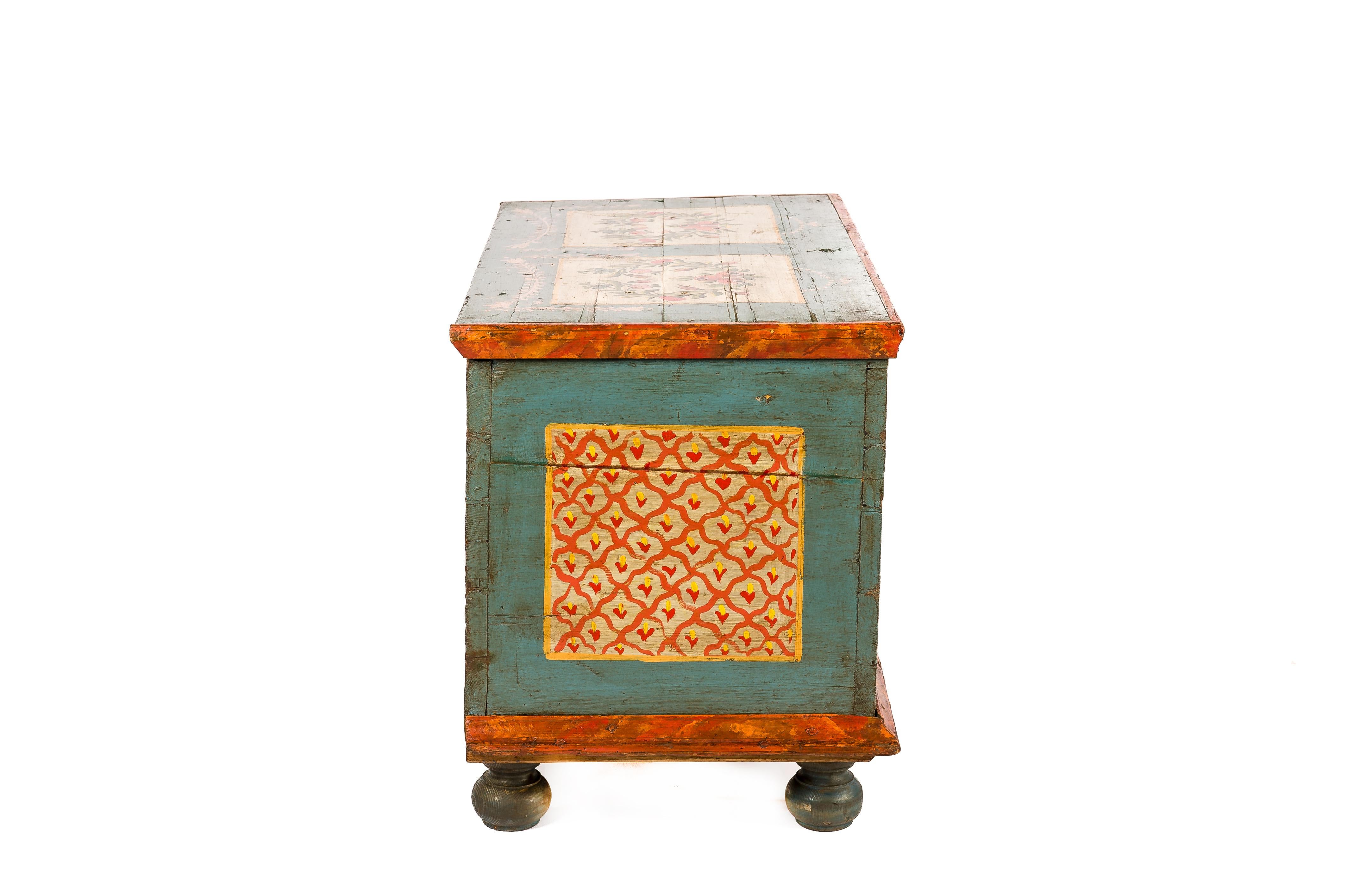 Early 19th Century Antique 19th-century solid pine and traditional painted Bohemian trunk or chest
