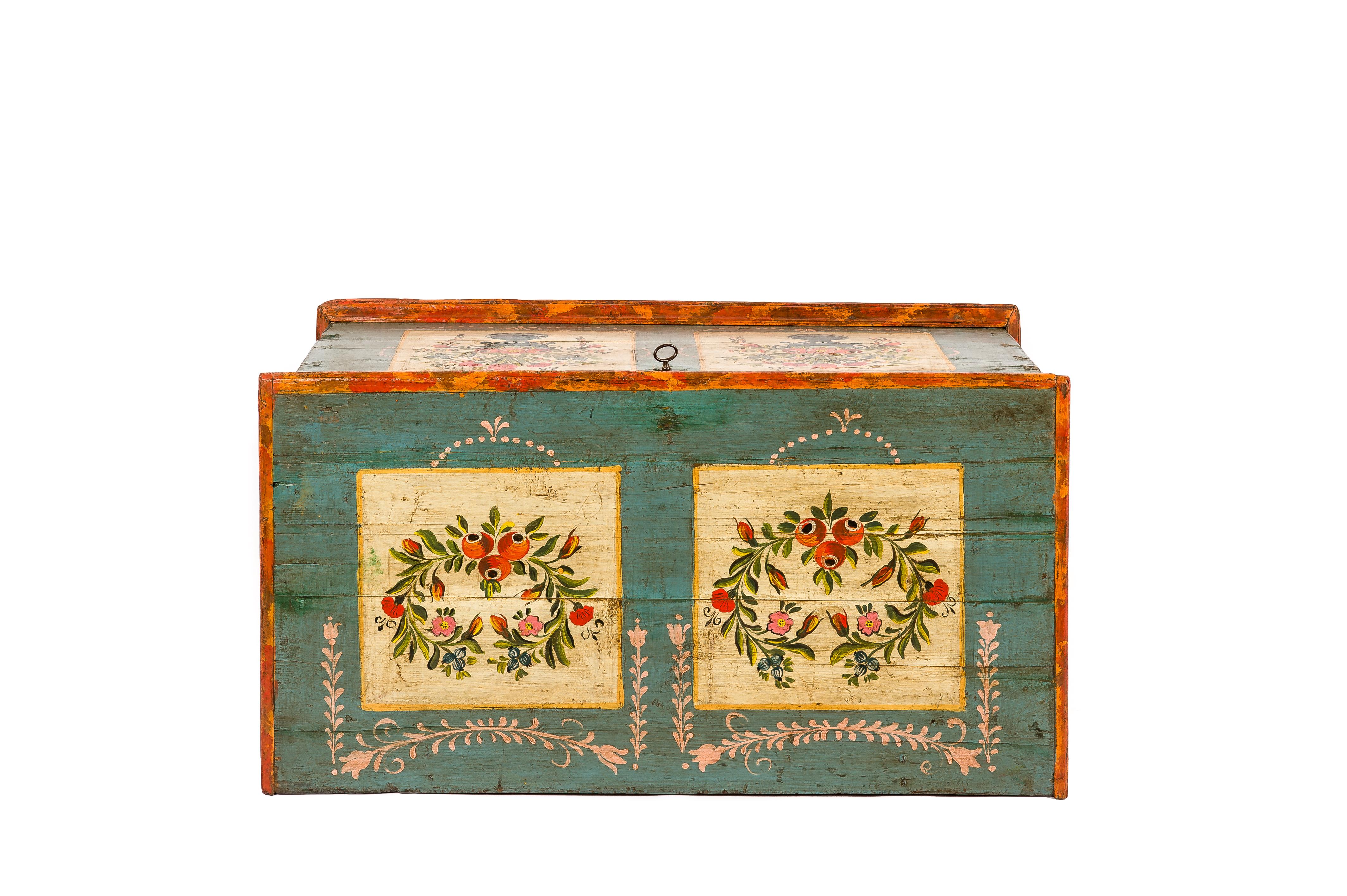 Steel Antique 19th-century solid pine and traditional painted Bohemian trunk or chest