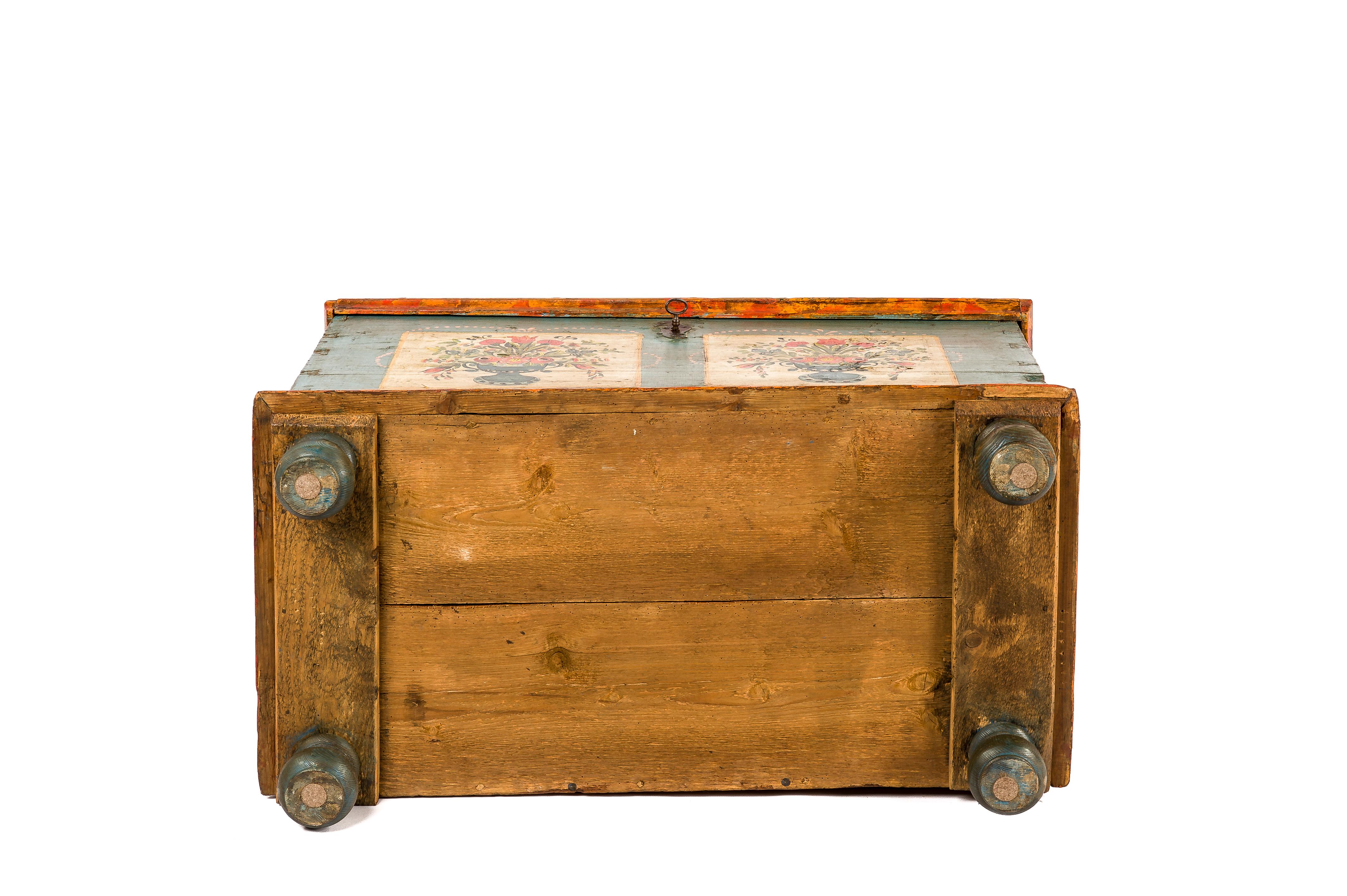 Antique 19th-century solid pine and traditional painted Bohemian trunk or chest 1