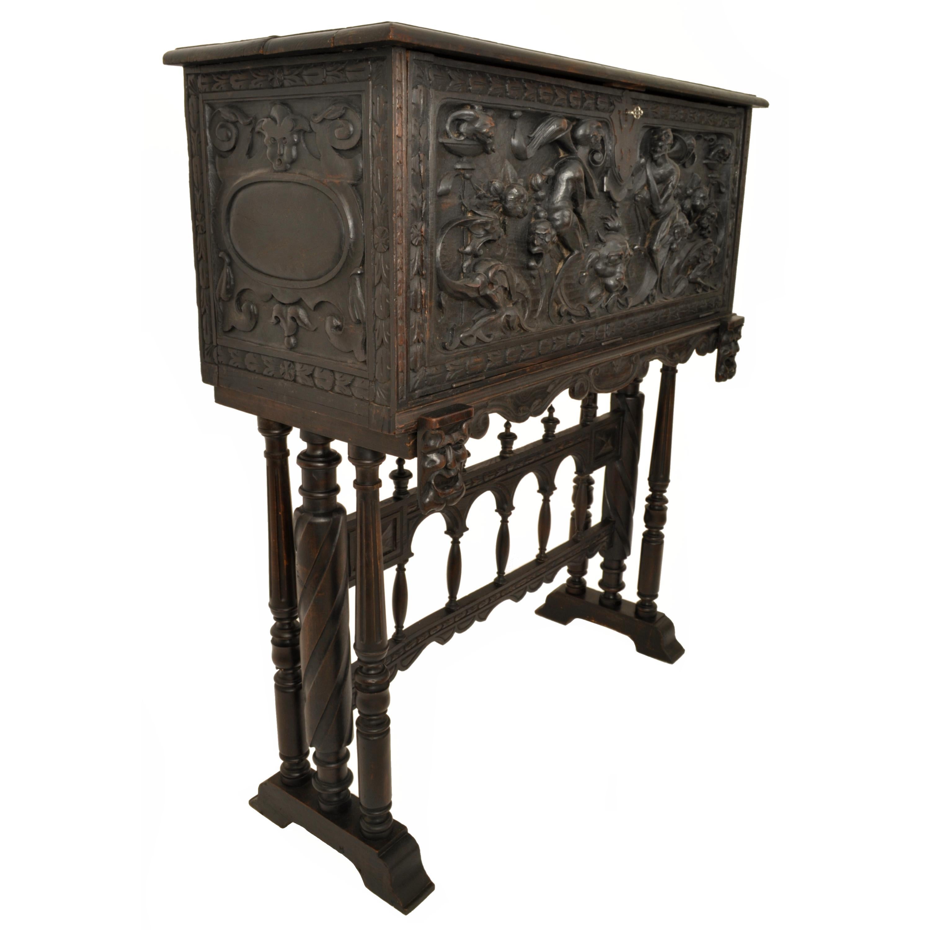 Baroque Revival Antique 19th Century Spanish Baroque Carved Vargueno Desk Cabinet on Stand, 1880