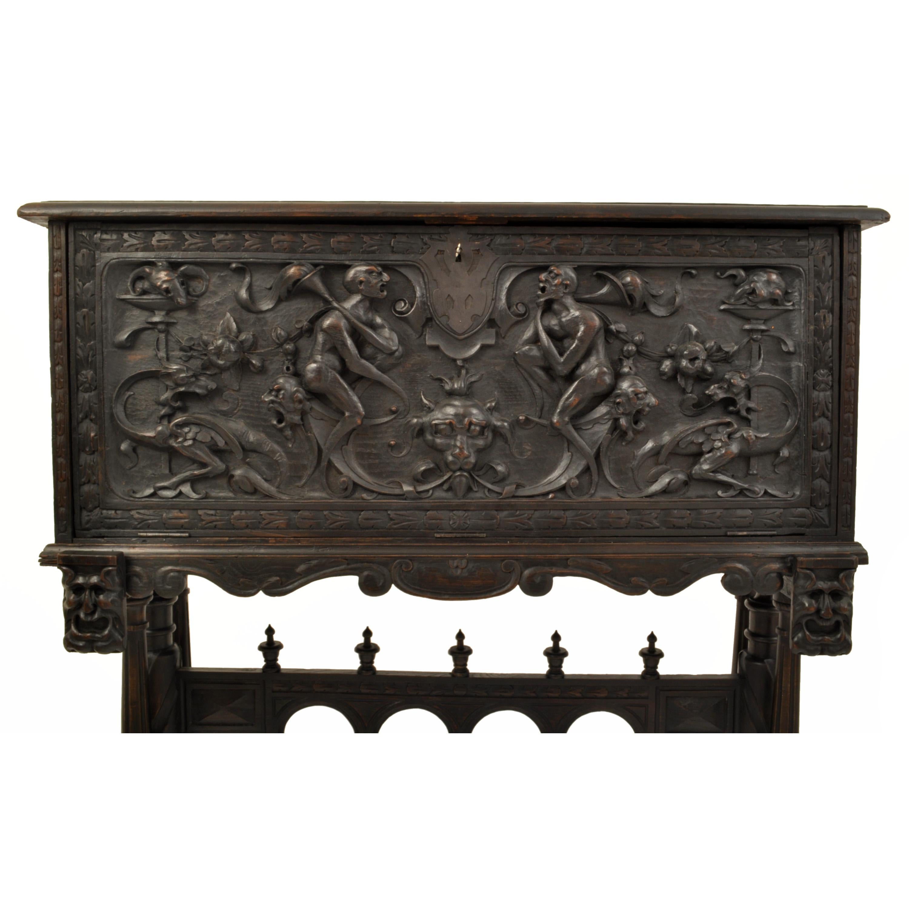 Ebonized Antique 19th Century Spanish Baroque Carved Vargueno Desk Cabinet on Stand, 1880