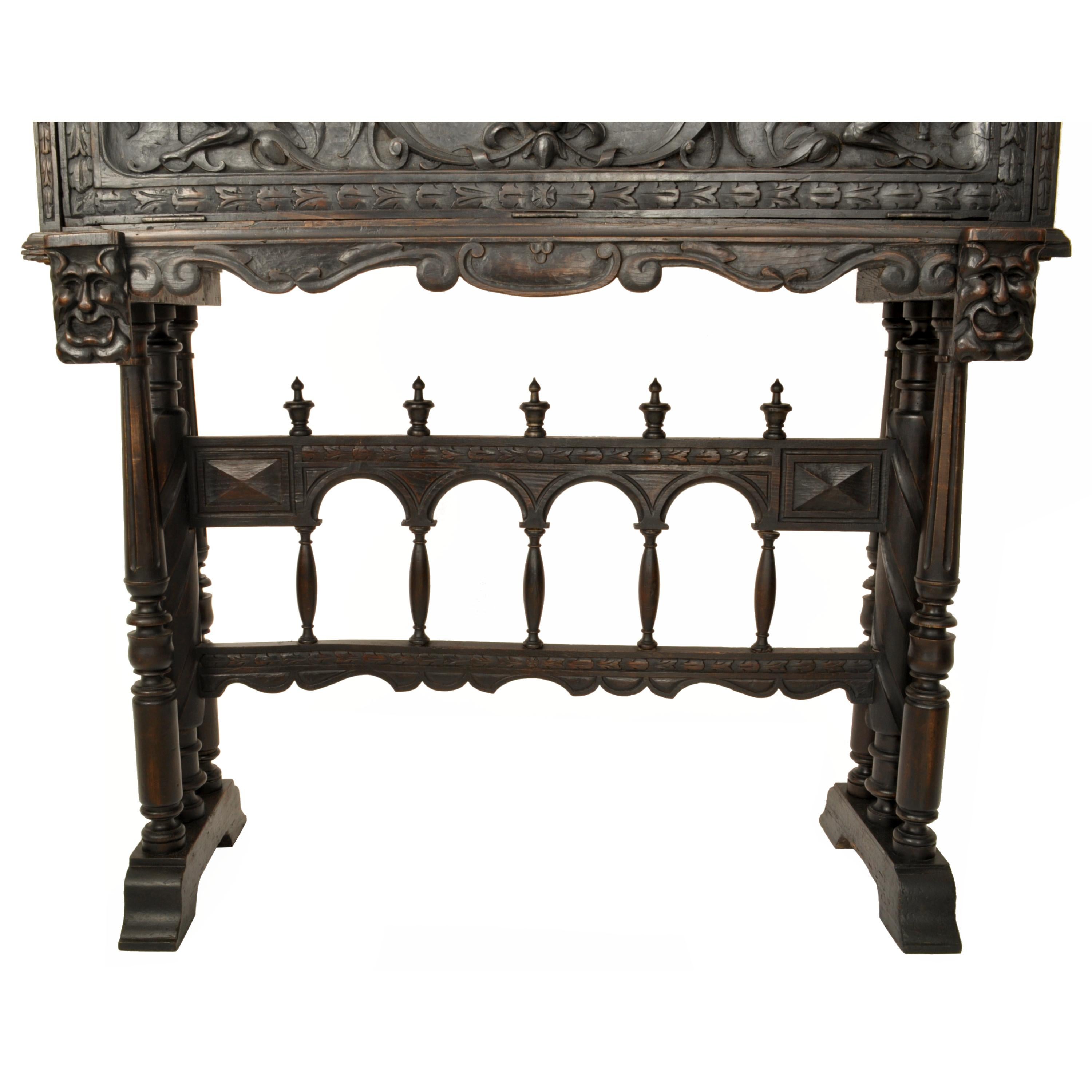 Walnut Antique 19th Century Spanish Baroque Carved Vargueno Desk Cabinet on Stand, 1880