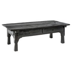 Antique 19th Century Spanish Rustic Black Solid Chestnut Wood Coffee Table