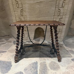 Antique 19th-Century Spanish Side Table Solomonic Legs Wrought Iron