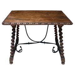 Antique 19th-Century Spanish Side Table Solomonic Legs Wrought Iron
